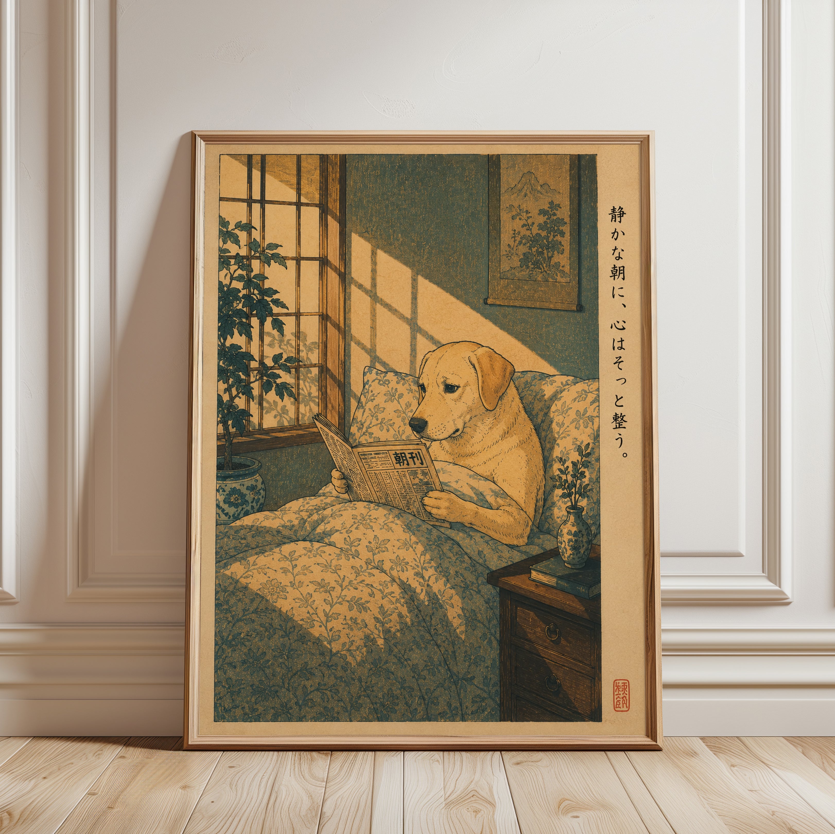 Japanese Dog Reading Newspaper Print - framed detail
