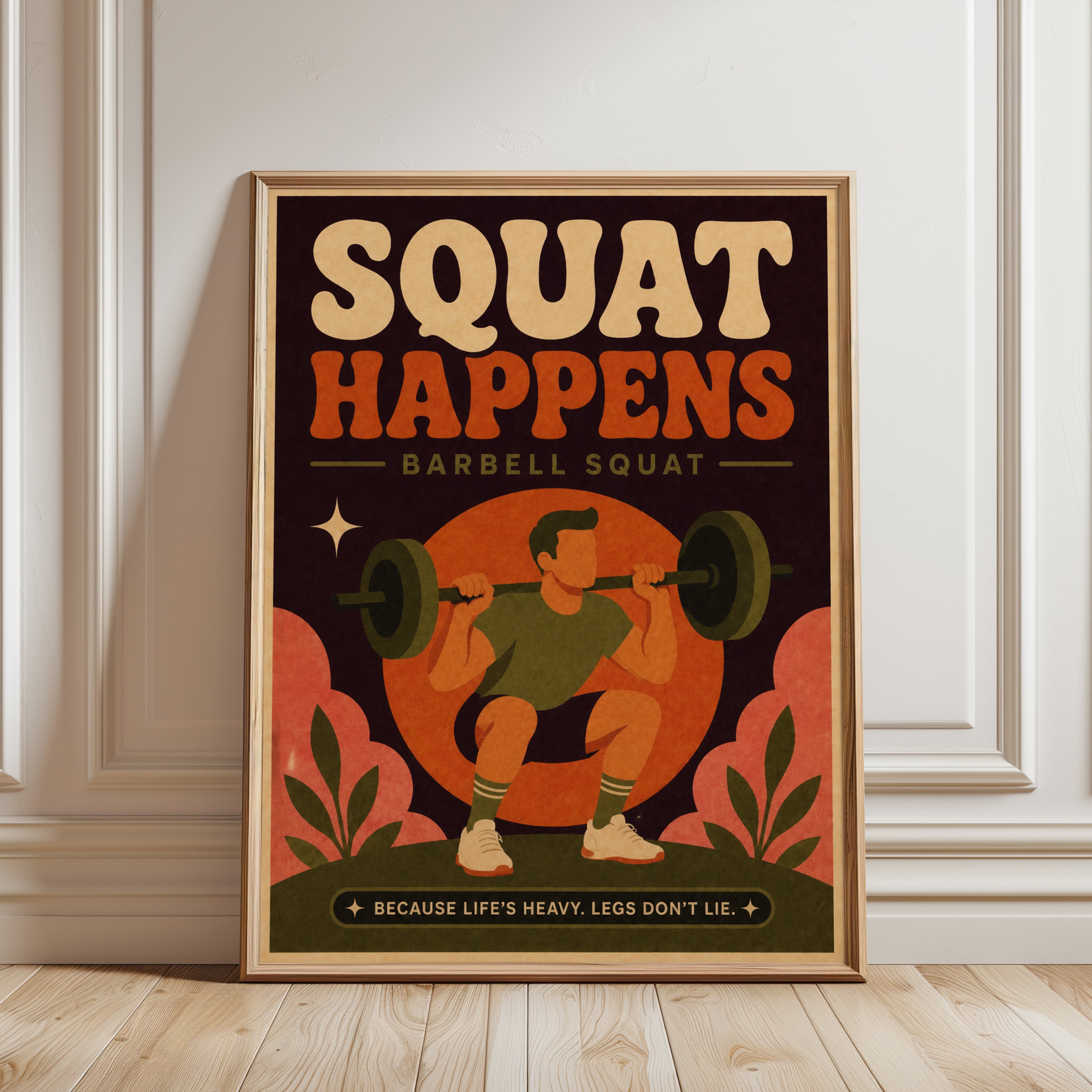 Squat Happens Gym Poster: Retro Fitness Motivation Art Print - framed detail