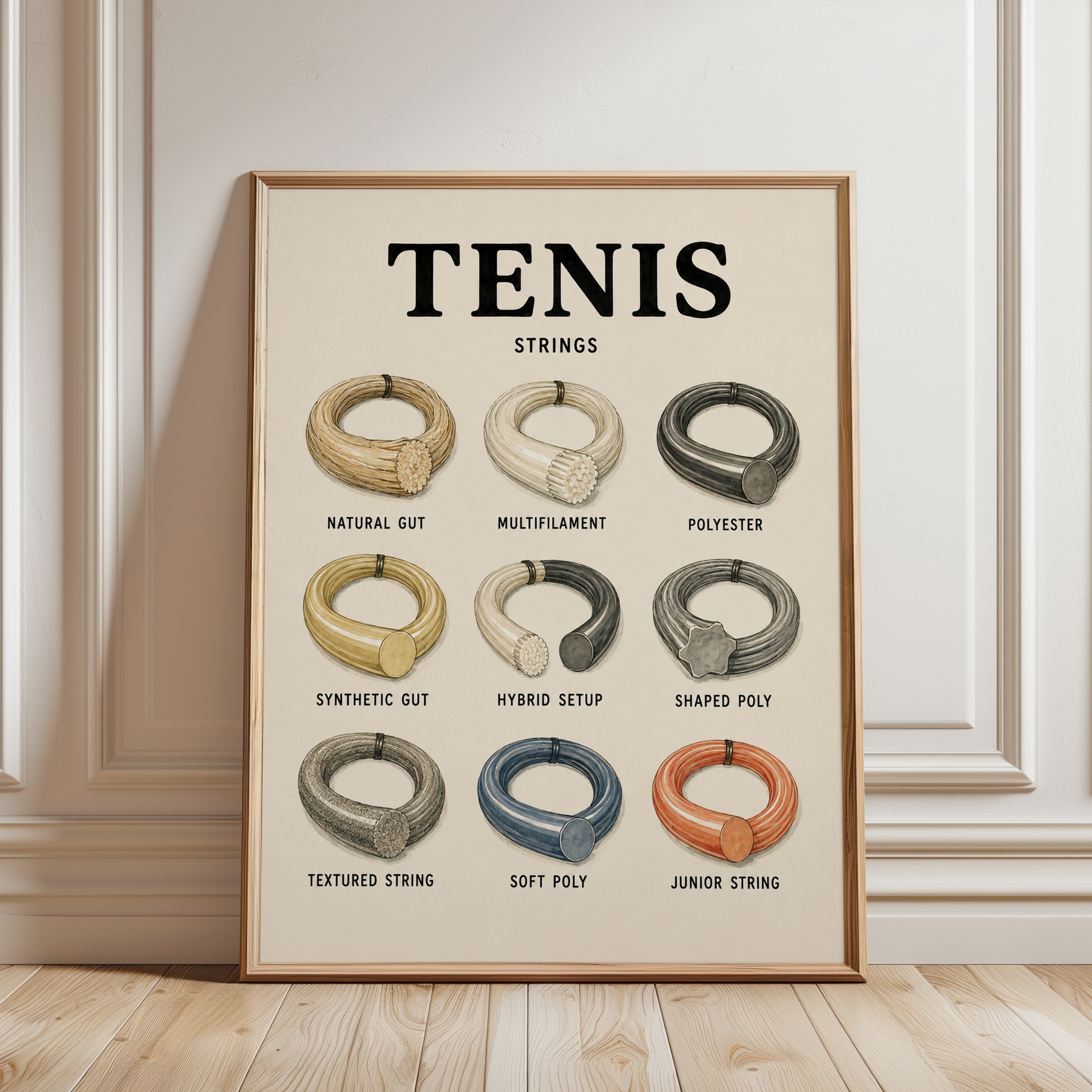 Tennis Strings Poster: Vintage Educational Sports Chart - framed detail