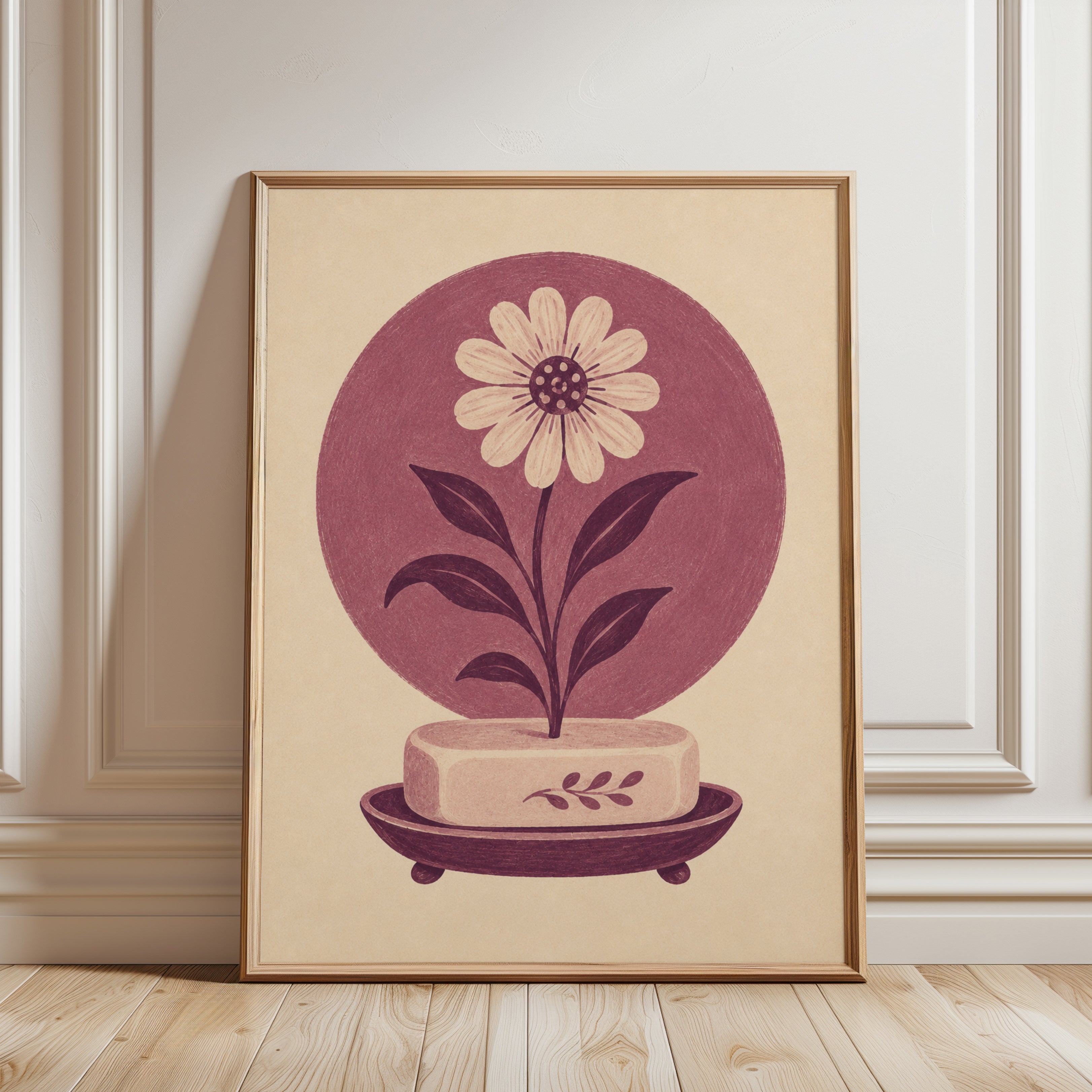 Folk Art Daisy Print: Vintage Mauve Botanical Illustration - framed detail