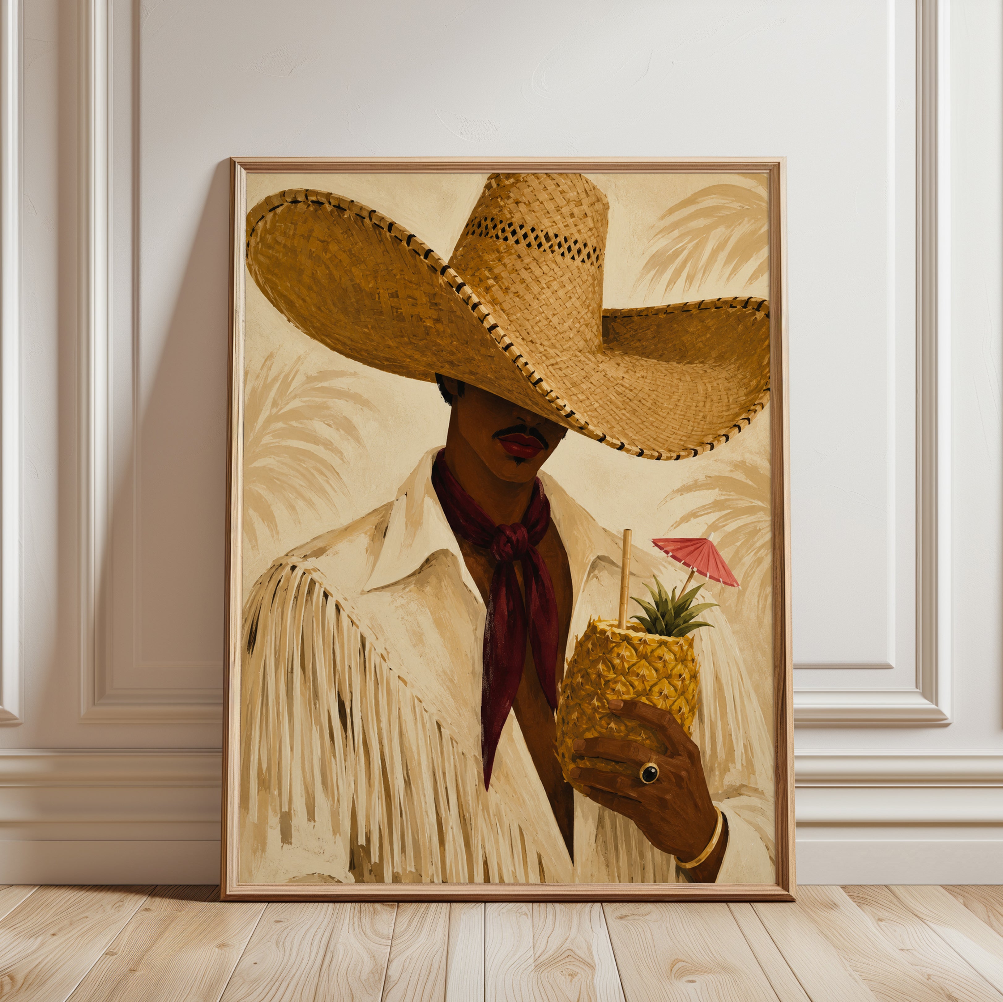 Tropical Cowgirl with Pineapple Drink: Warm Tan Fashion Art Print - framed detail