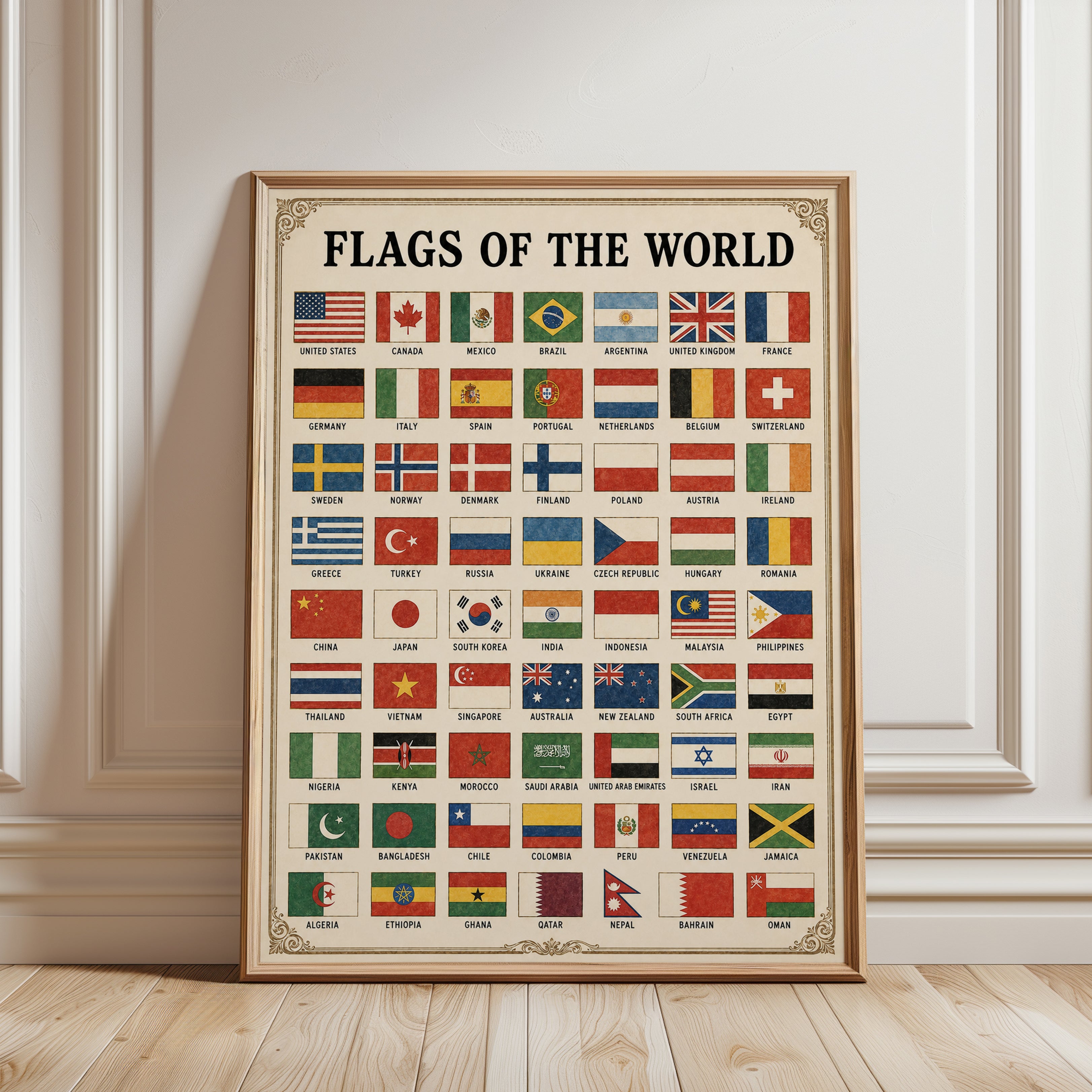 Flags of the World Chart: Vintage Educational Art Print - framed detail