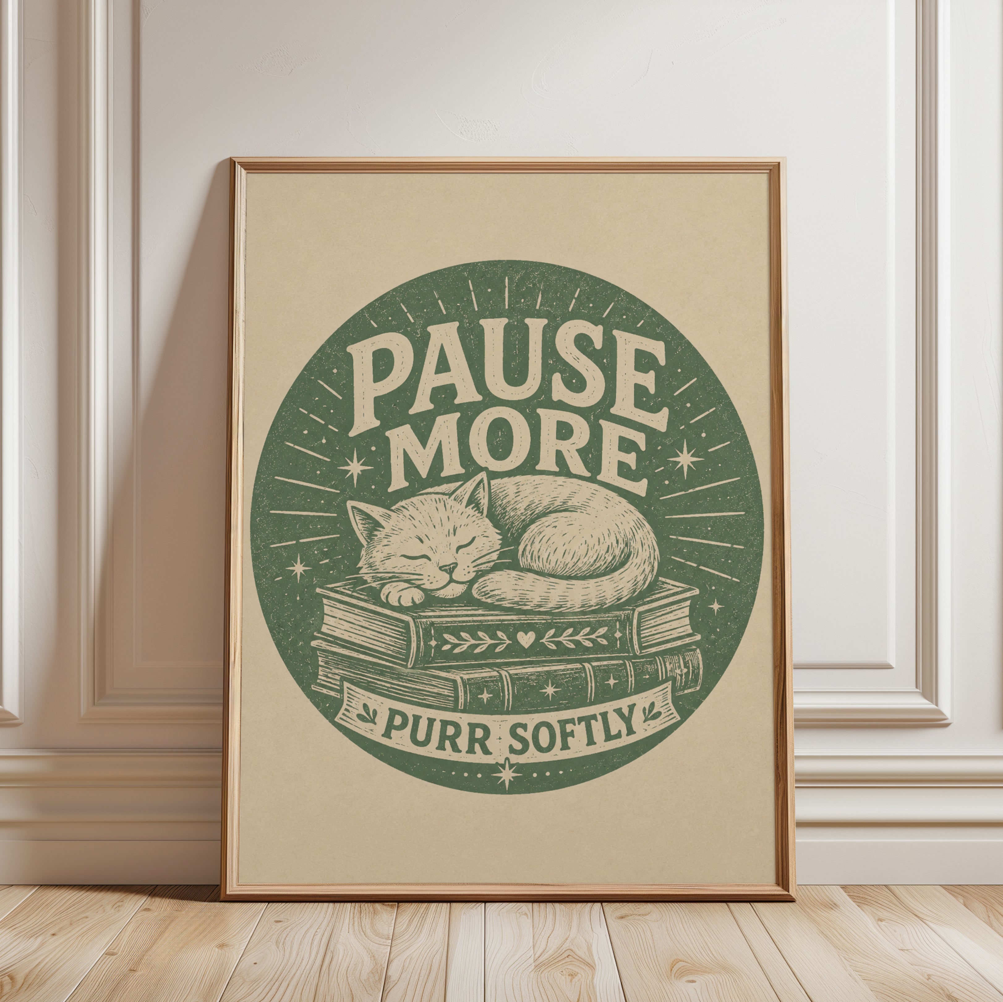 Pause More Vintage Cat Poster: Retro Green Linocut Art Print - framed detail