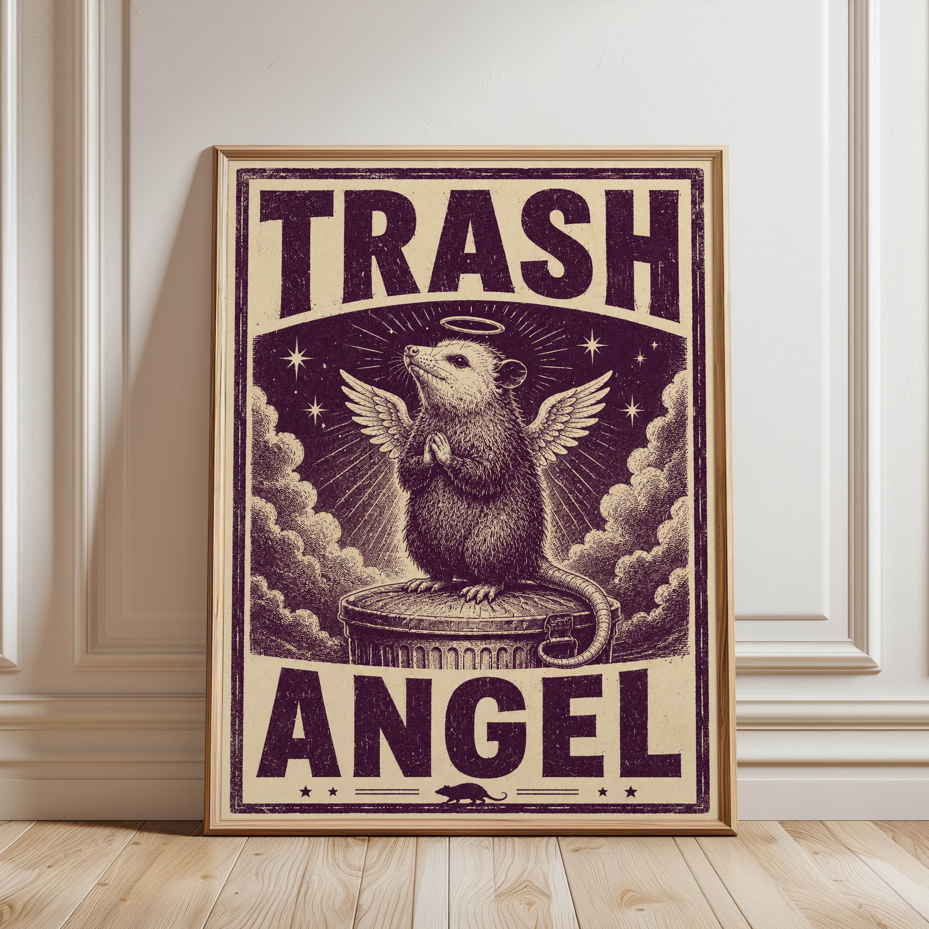 Trash Angel Possum Print: Retro Animal Wall Art (Purple & Cream) - framed detail