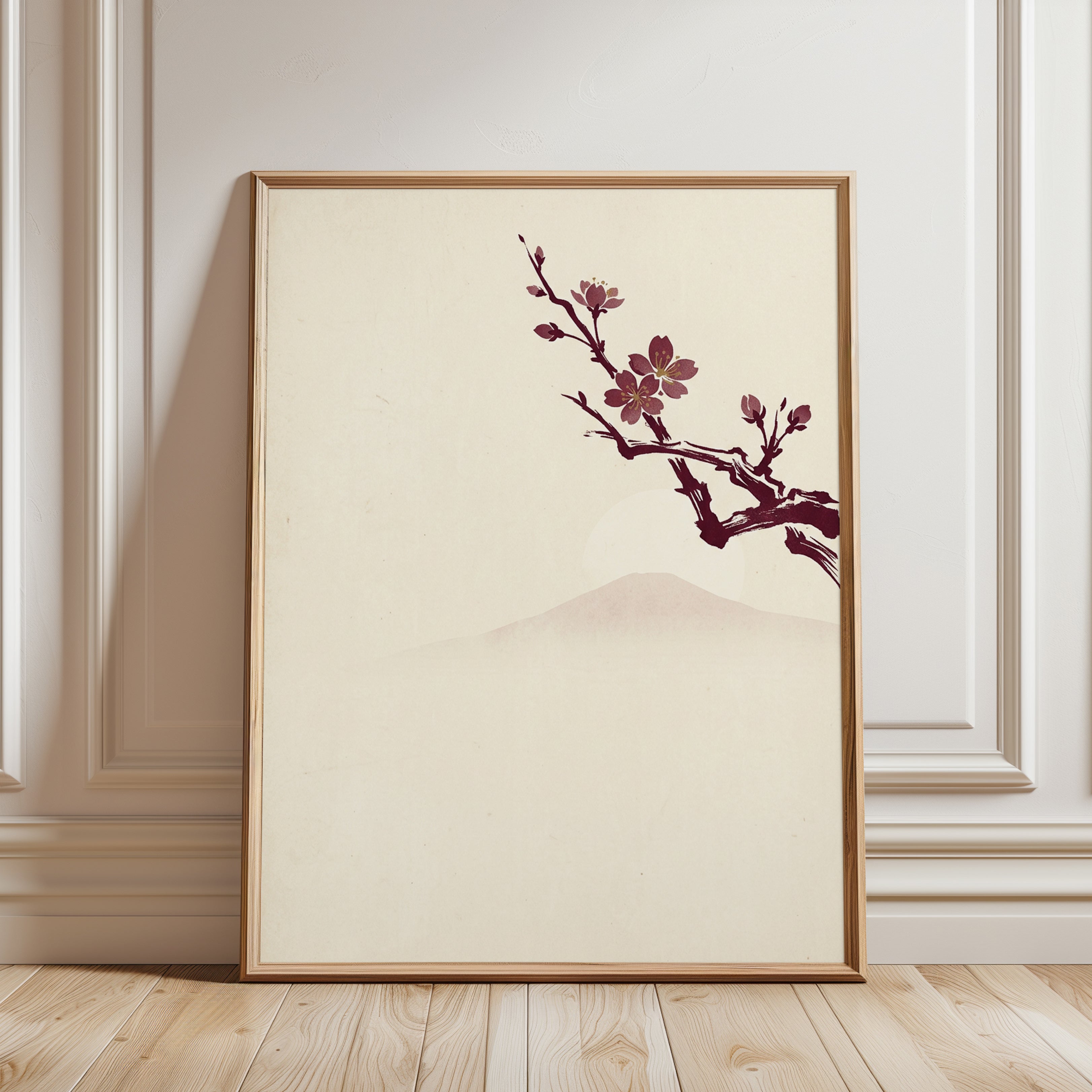 Cherry Blossom Branch Art Print: Japanese Minimalist Design - framed detail