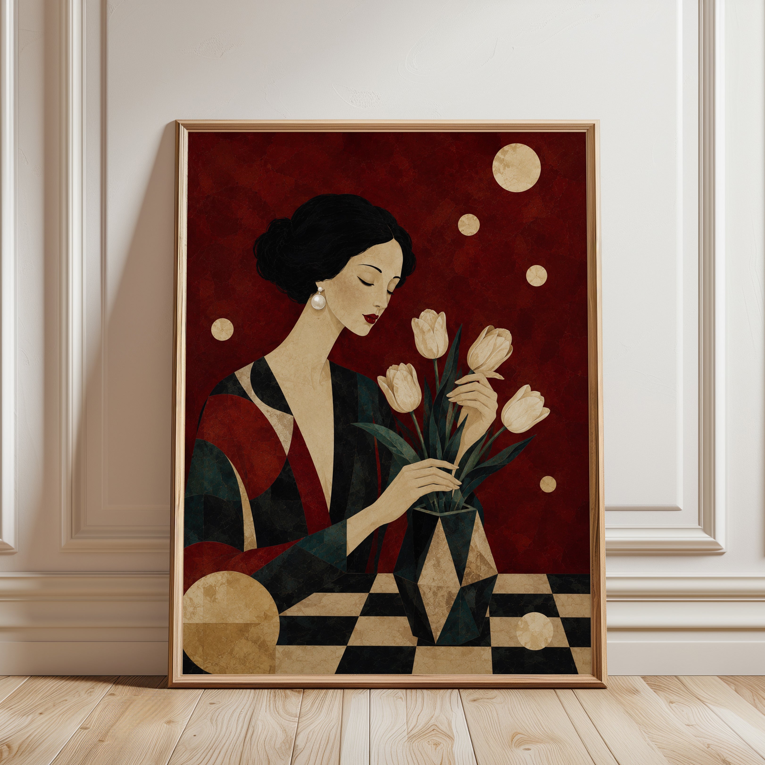 Art Deco Woman Print – Elegant Floral Wall Art - framed detail
