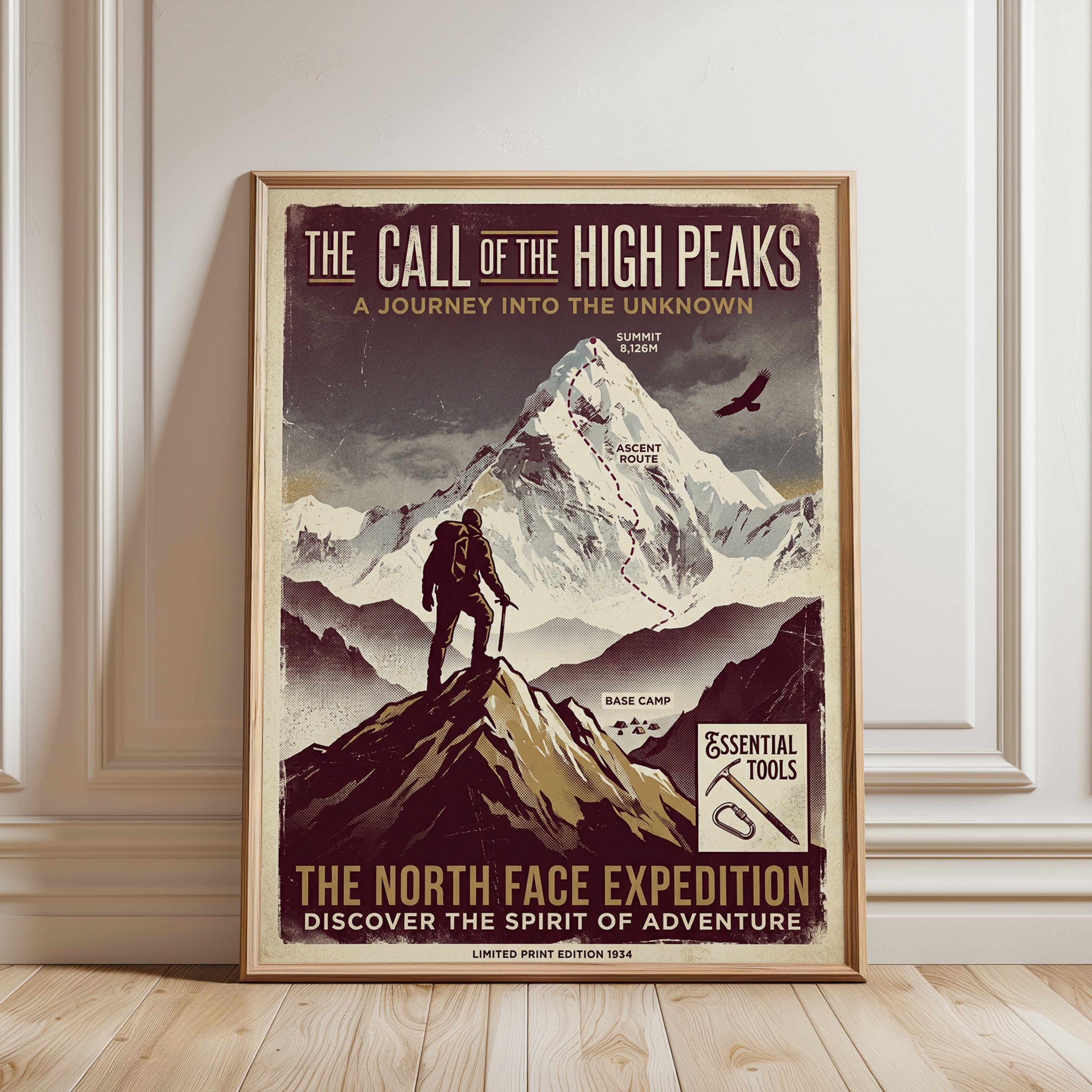 Vintage Mountain Climbing Poster Print — Retro North Face Expedition - framed detail