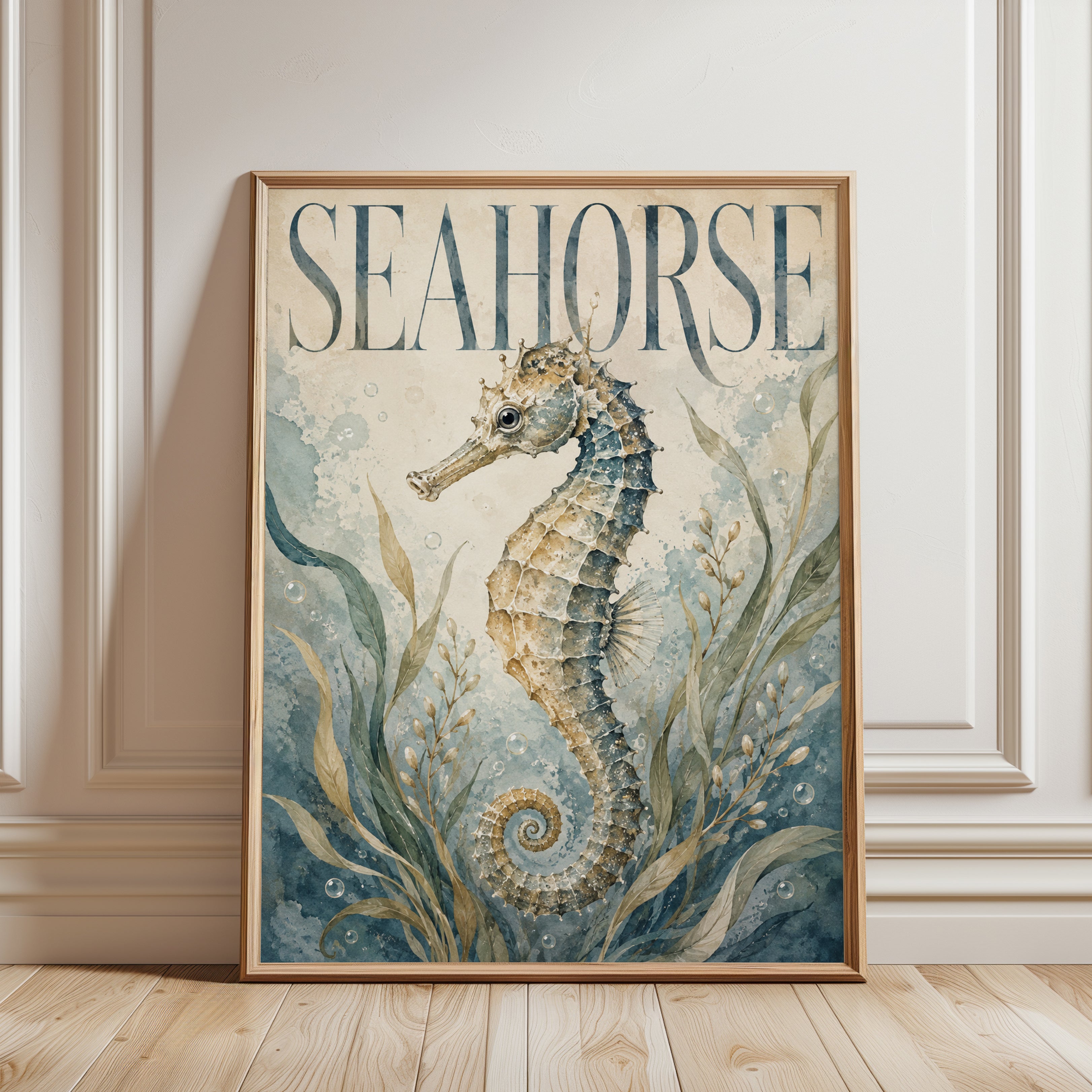 Seahorse Wall Art – Coastal Bathroom Decor - framed detail