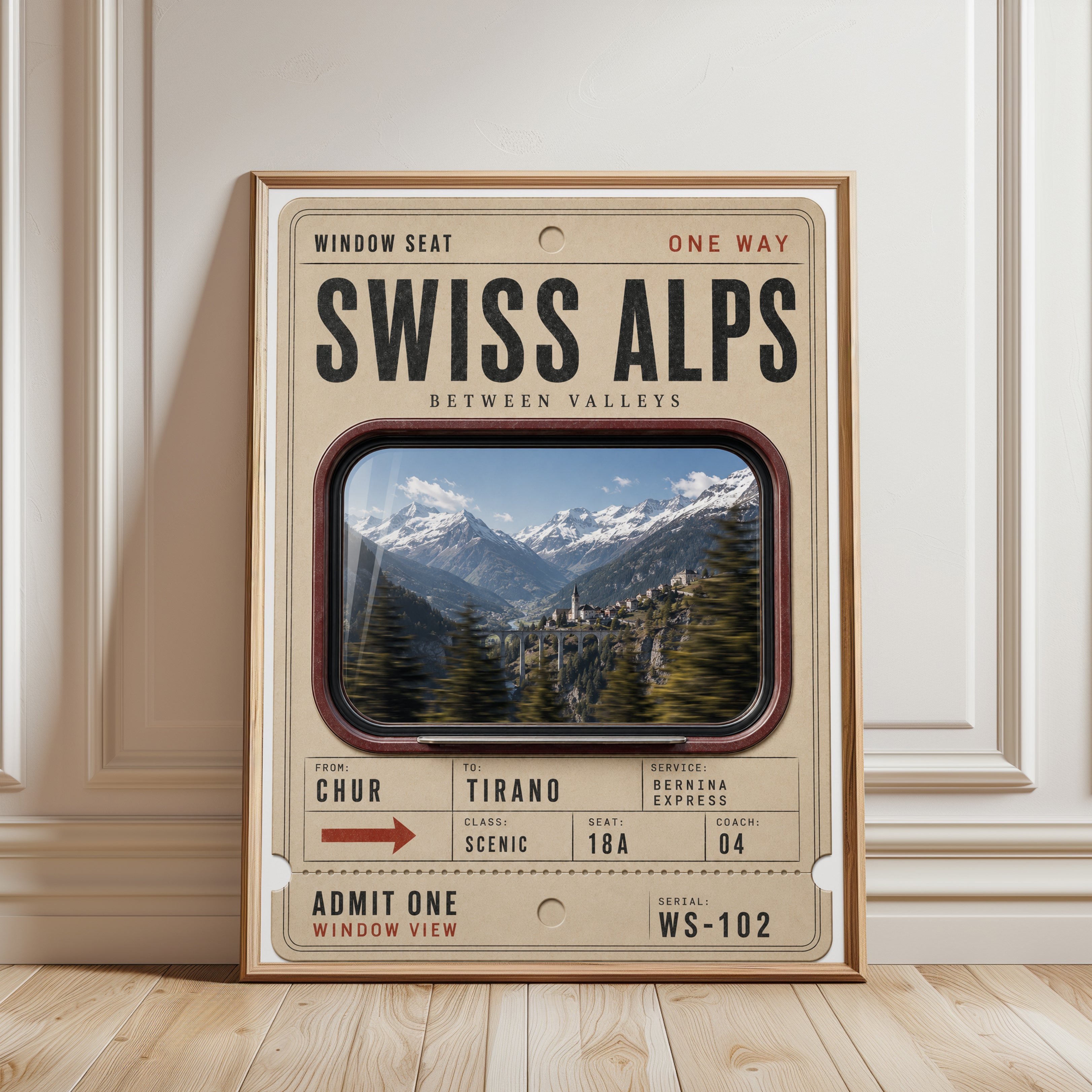 Swiss Alps Poster – Vintage Train Ticket Print - framed detail