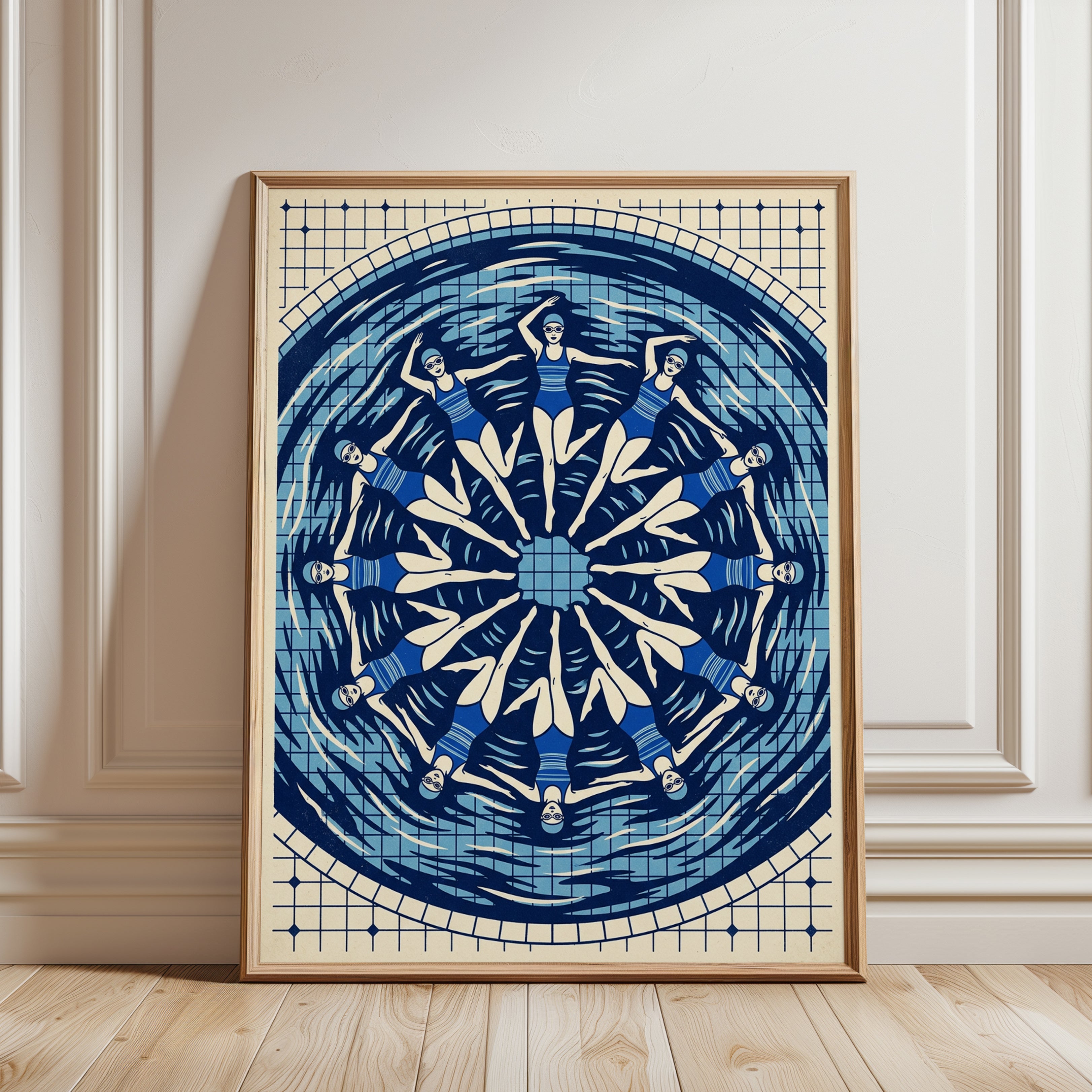 Synchronized Swimmers Mandala: Art Deco Blue Pool Print - framed detail