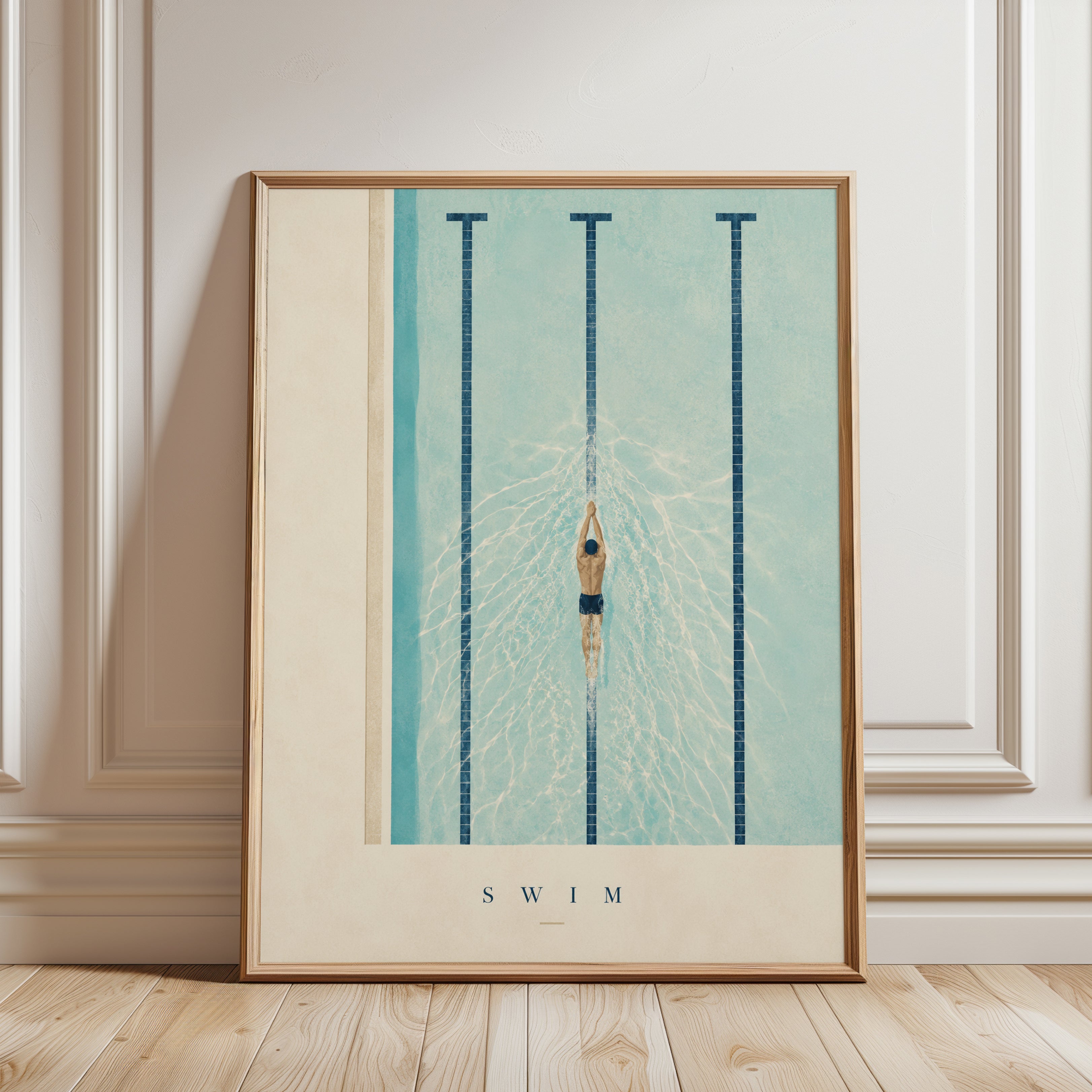 Swimming Pool Wall Art – Aerial Swimmer Print - framed detail
