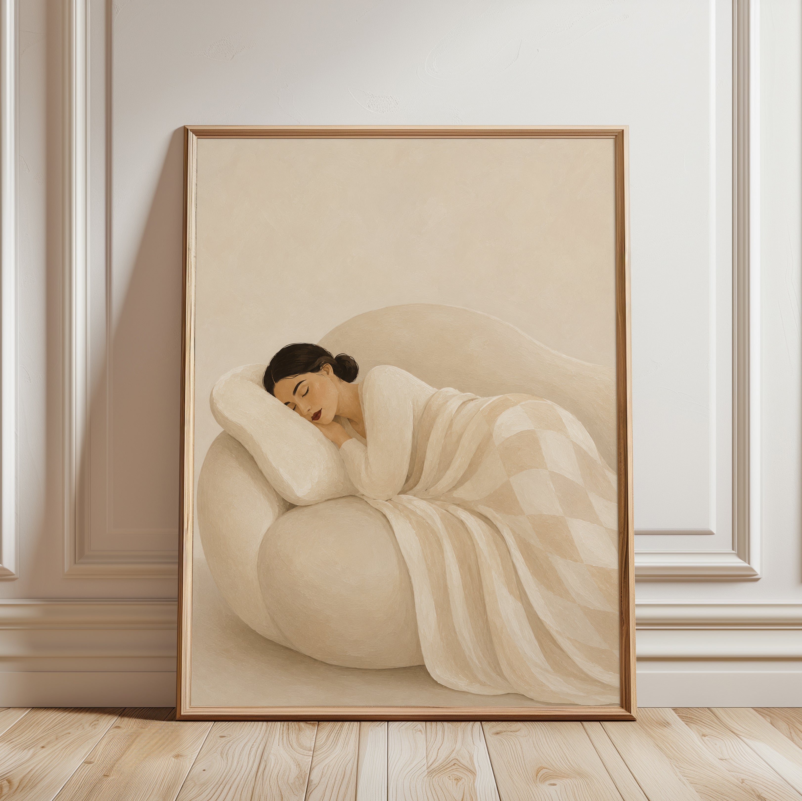Sleeping Woman Art Deco Print: Soft Neutral Minimalist Design - framed detail
