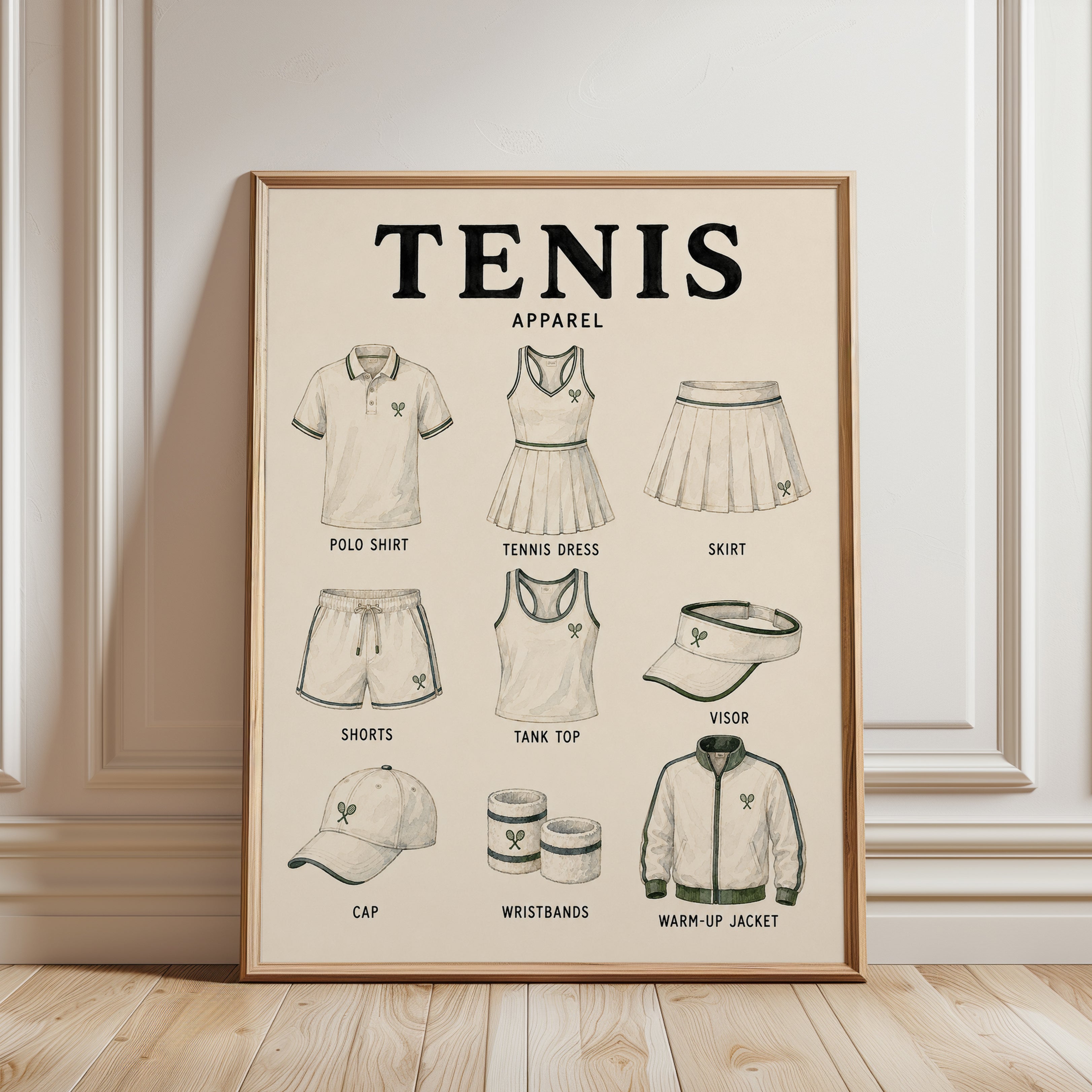 Tennis Apparel Guide Print — Vintage Sports Illustration - framed detail