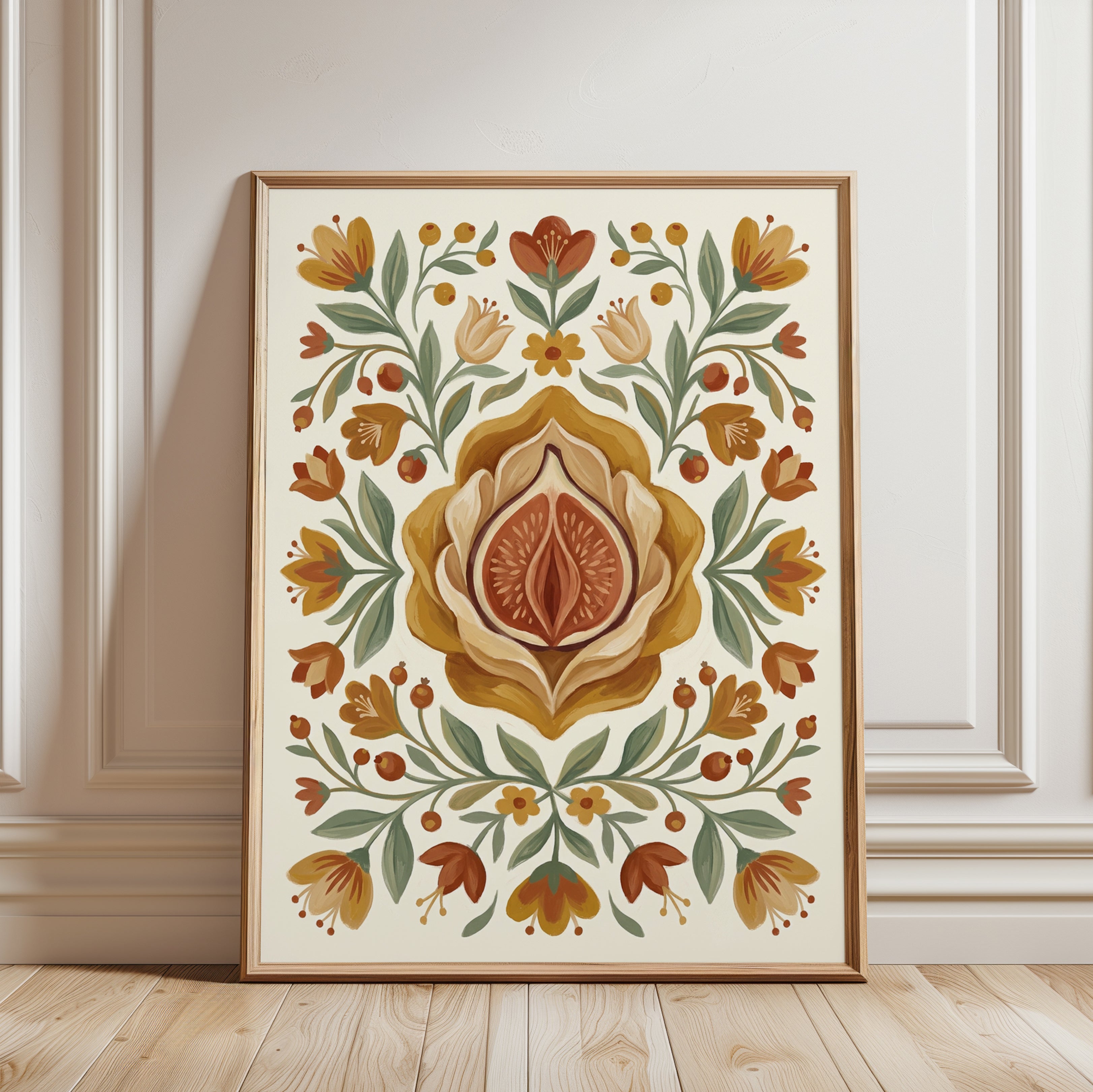 Folk Art Floral Print – Symmetrical Botanical Illustration - framed detail