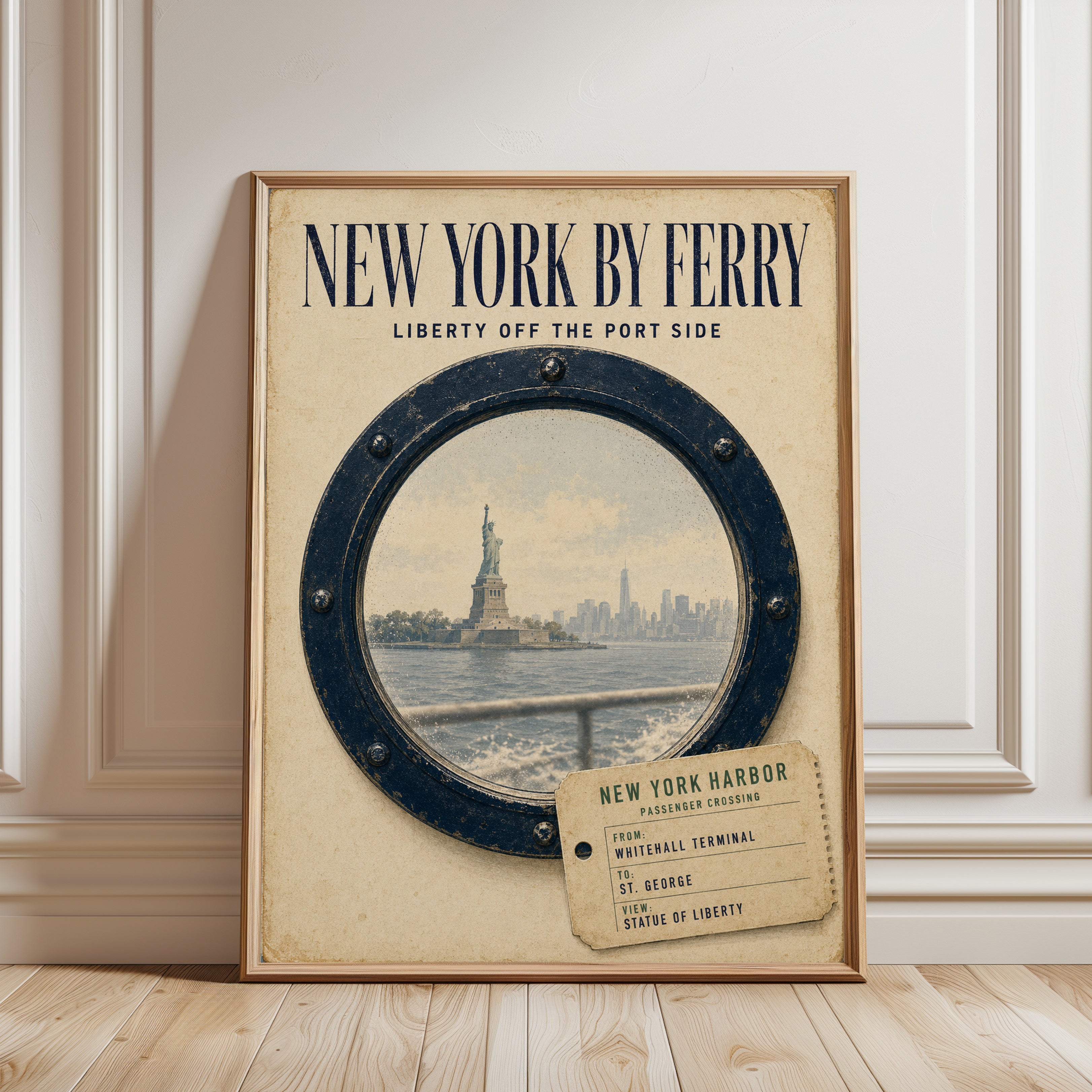 New York Ferry Poster – Vintage Travel Print - framed detail