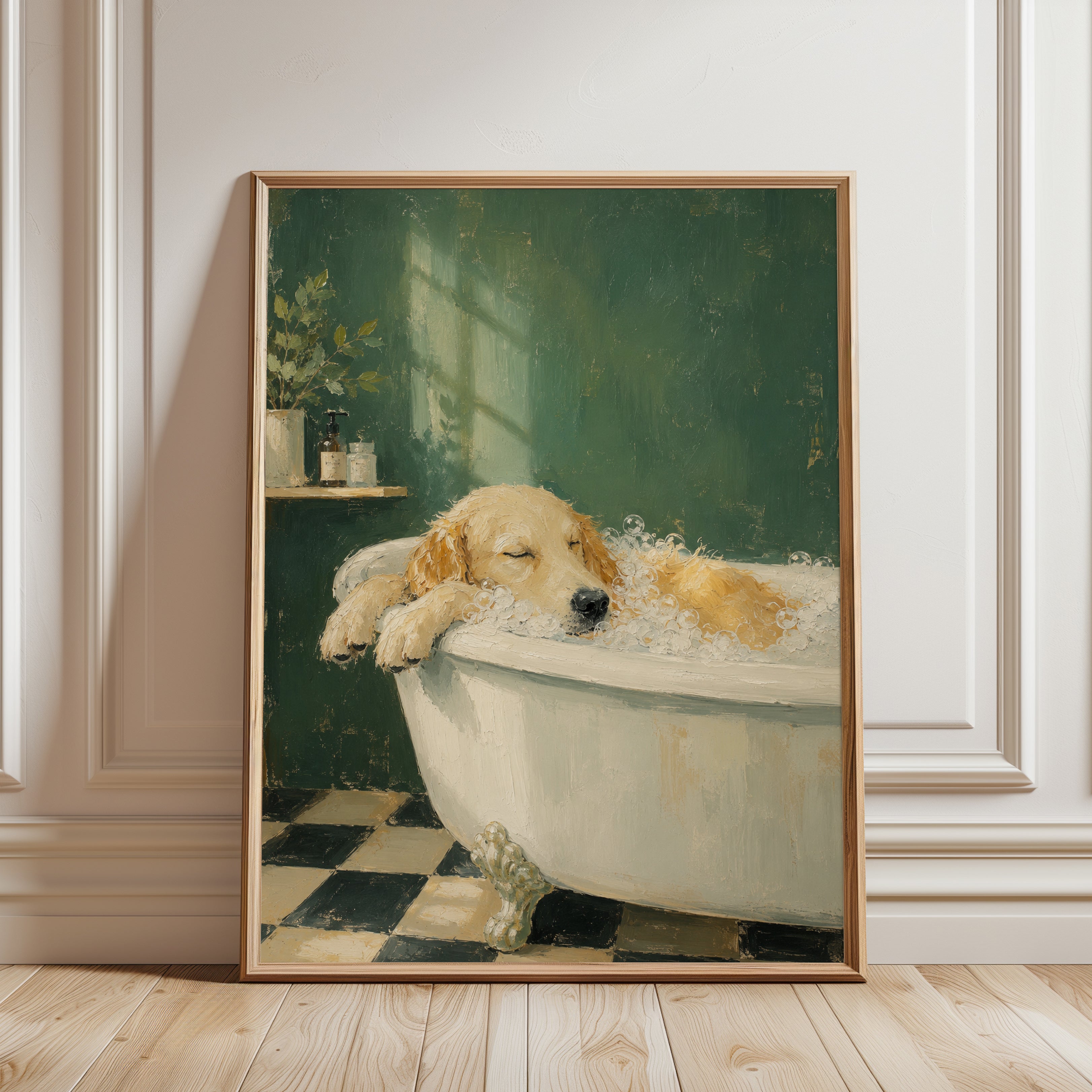 Golden Retriever Bath Print - framed detail