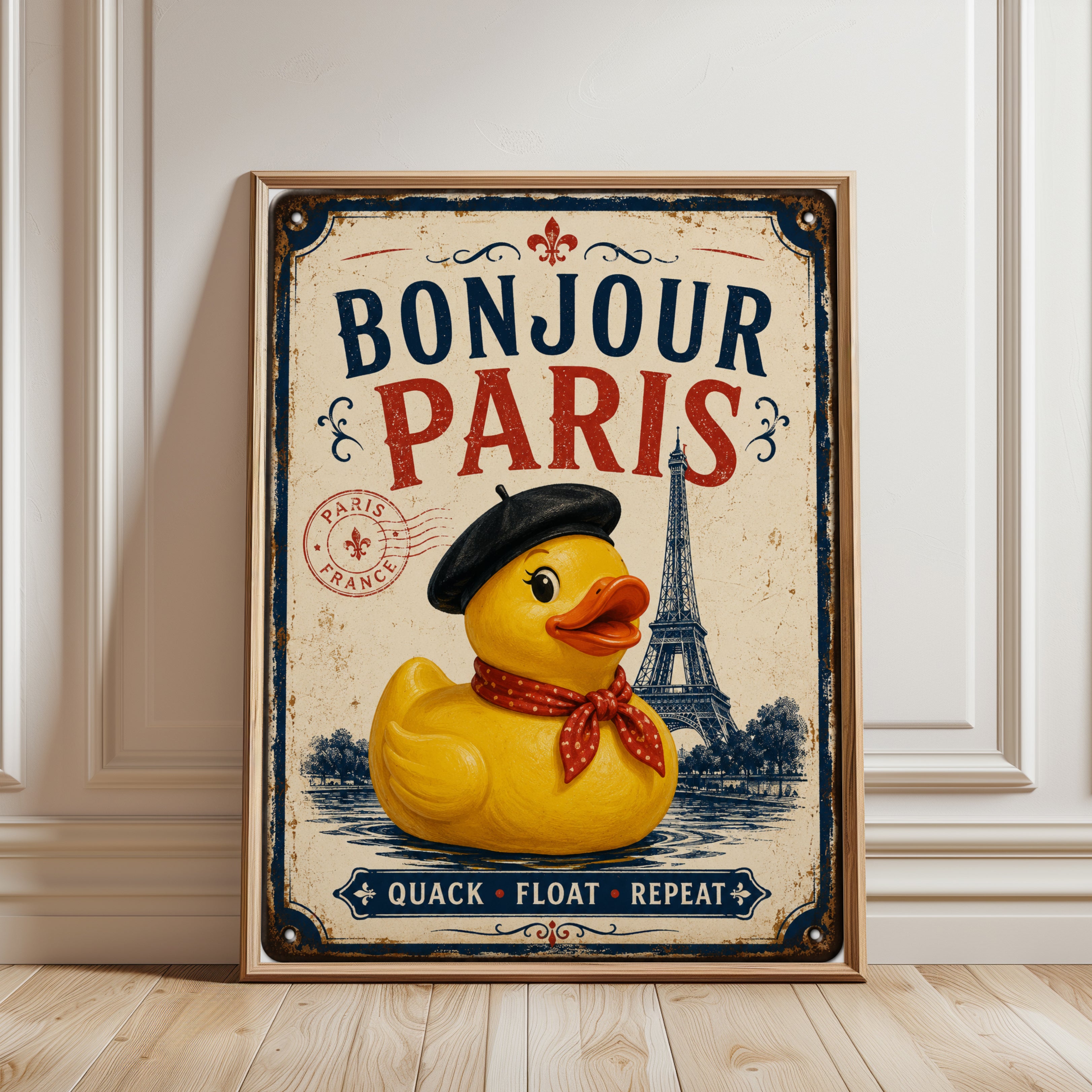 Paris Travel Poster – Vintage Bathroom Wall Art - framed detail