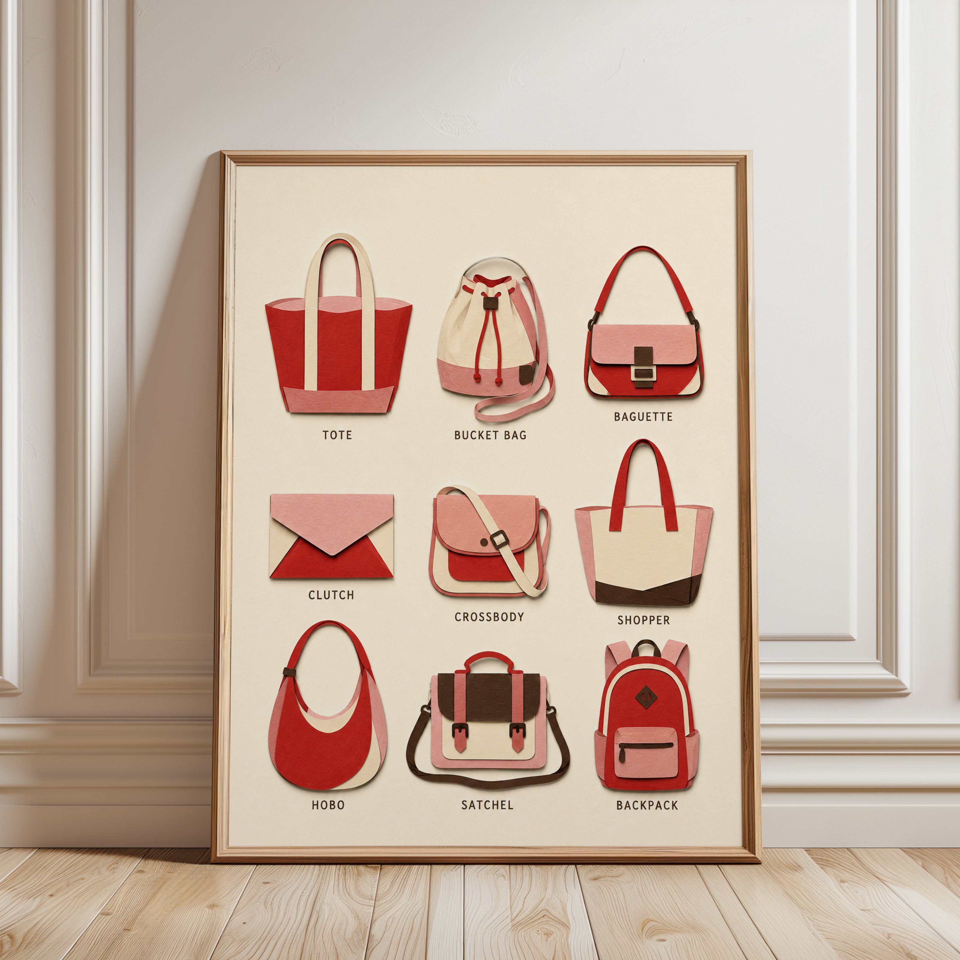Vintage Handbag Collection Poster: Retro Fashion Illustration - framed detail