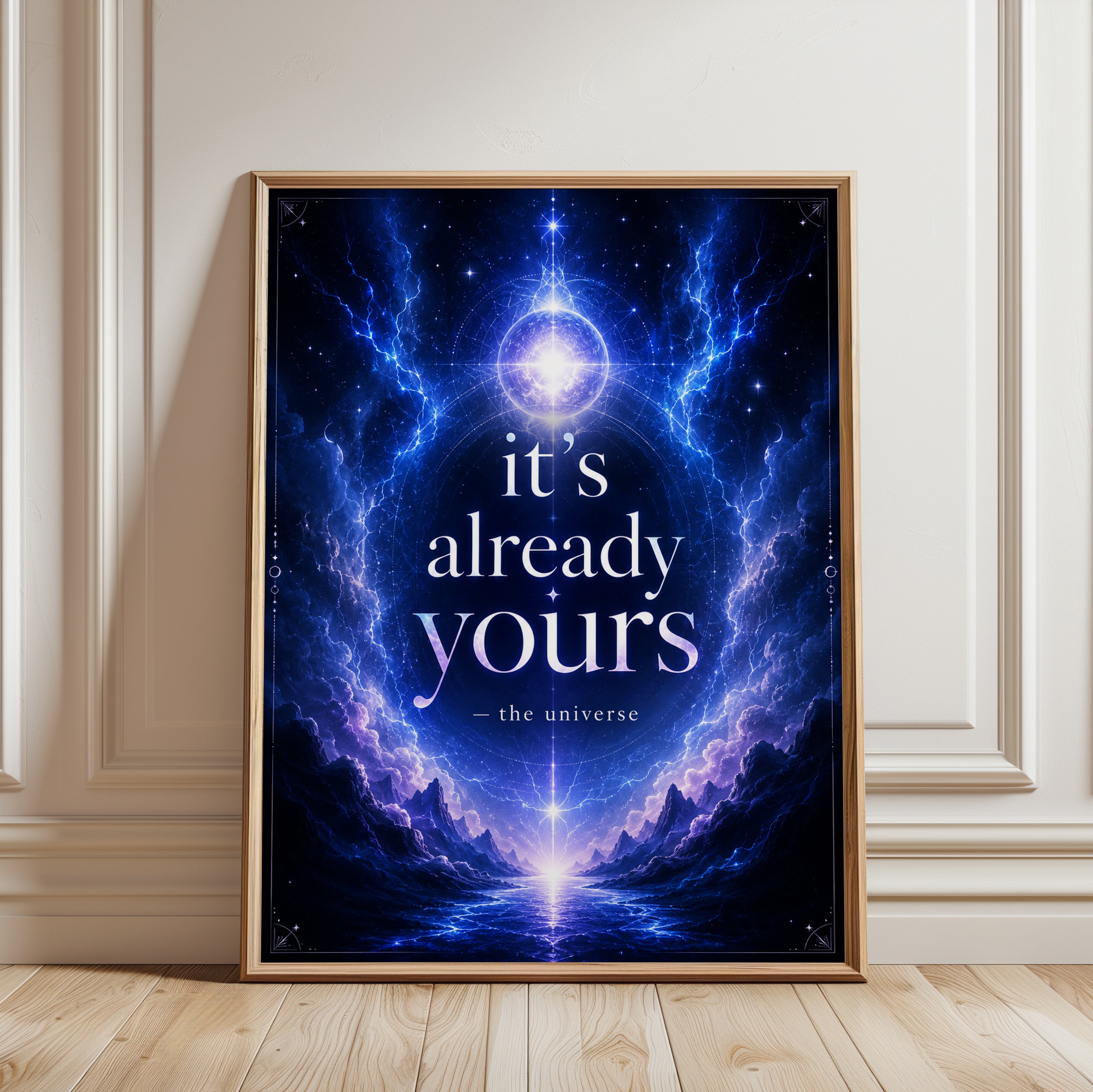 Celestial Motivational Print — Cosmic Lightning & Stars - framed detail