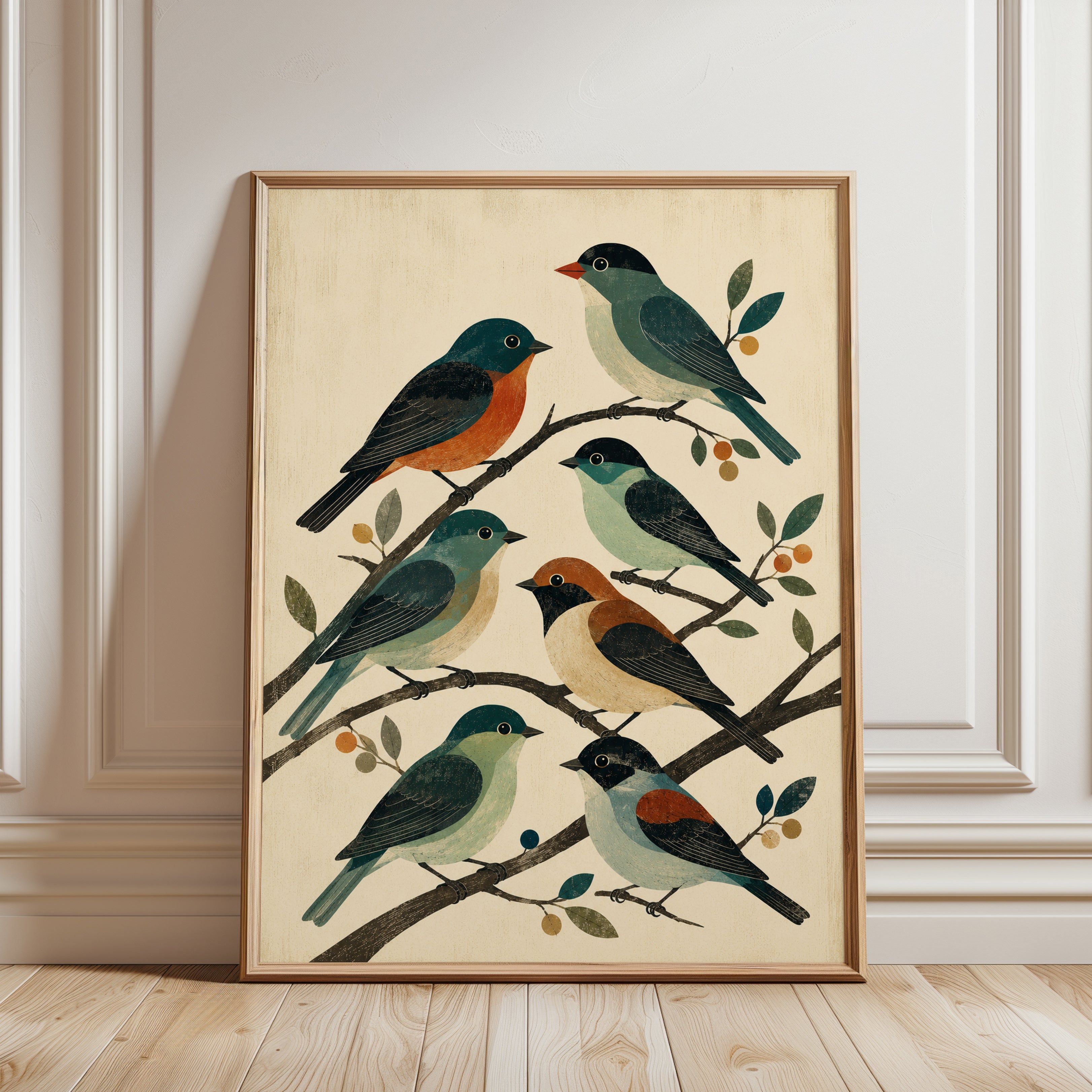 Vintage Bird Illustration Print — Folk Art Songbirds on Branches - framed detail
