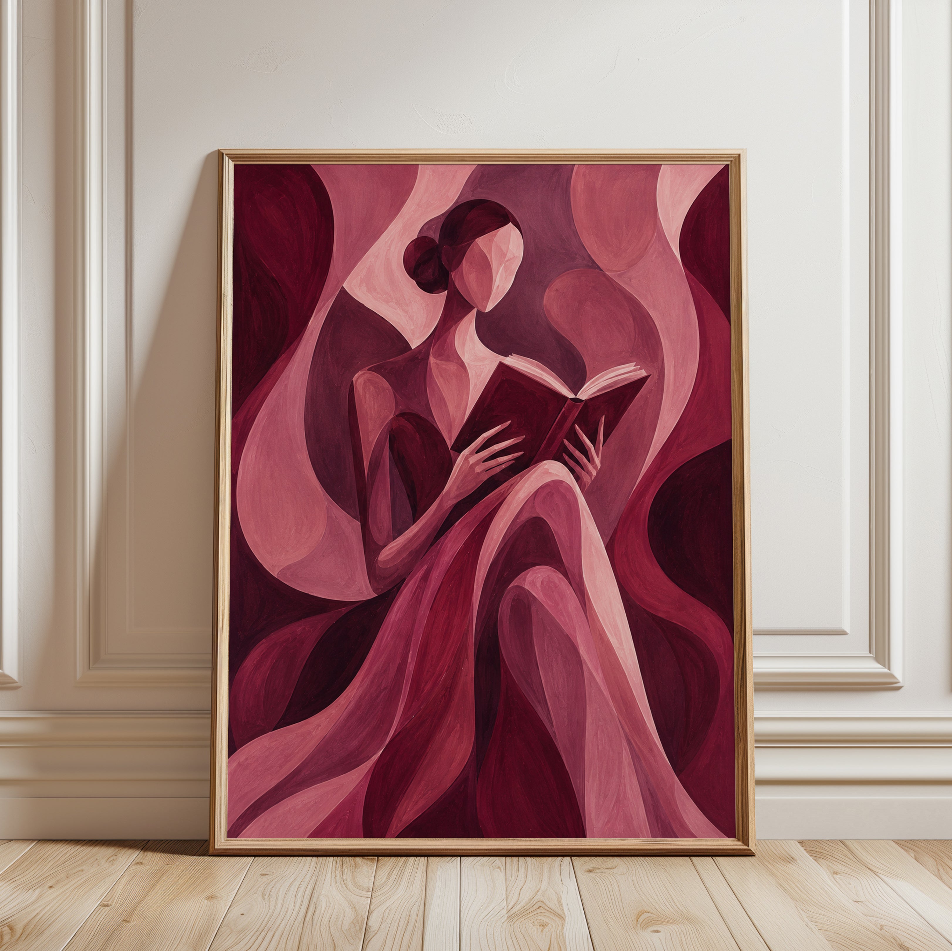 Reading Woman Art Print: Cubist Style Pink and Burgundy Design - framed detail