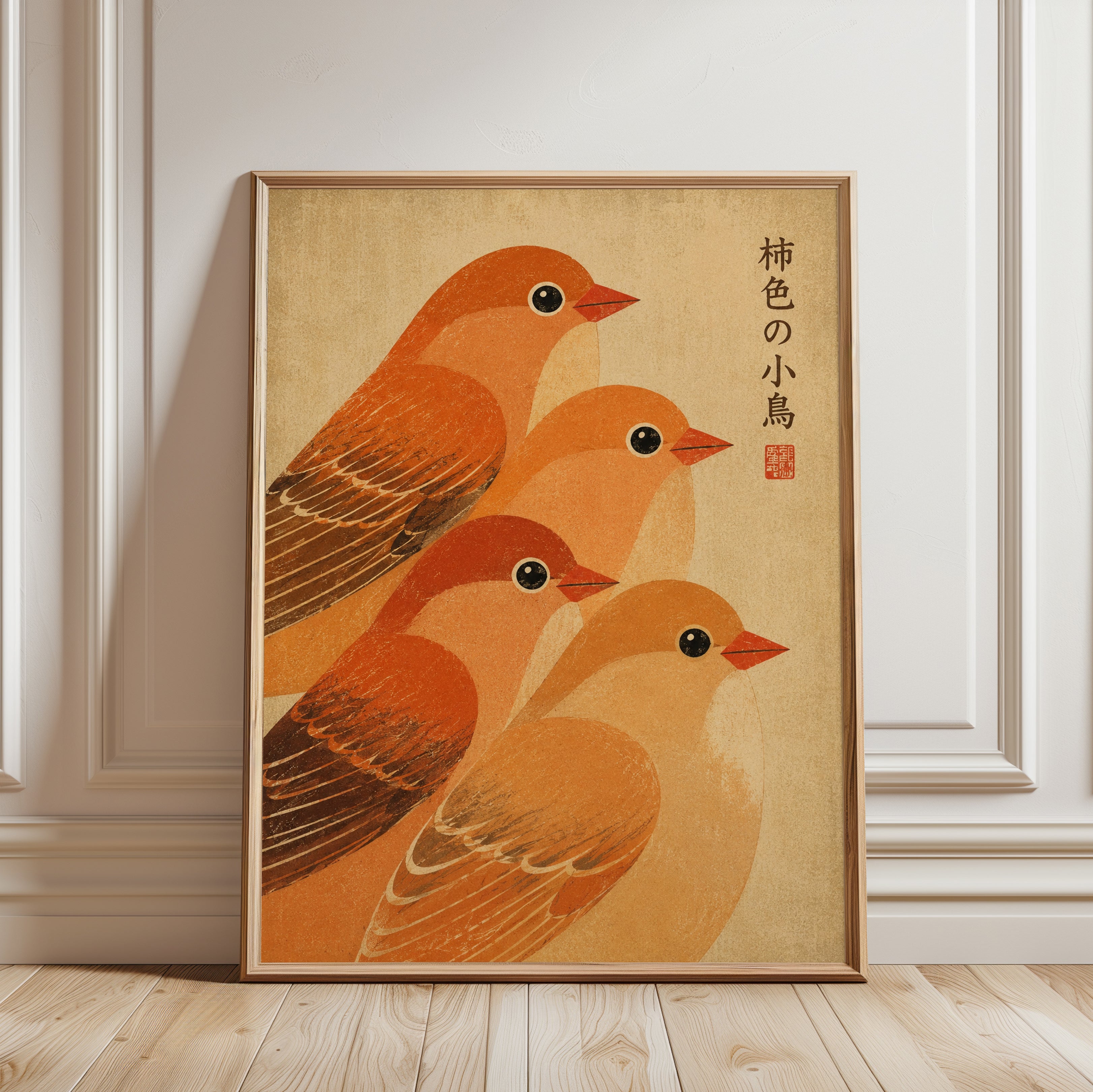 Japanese Bird Art Print — Vintage Orange Songbirds - framed detail
