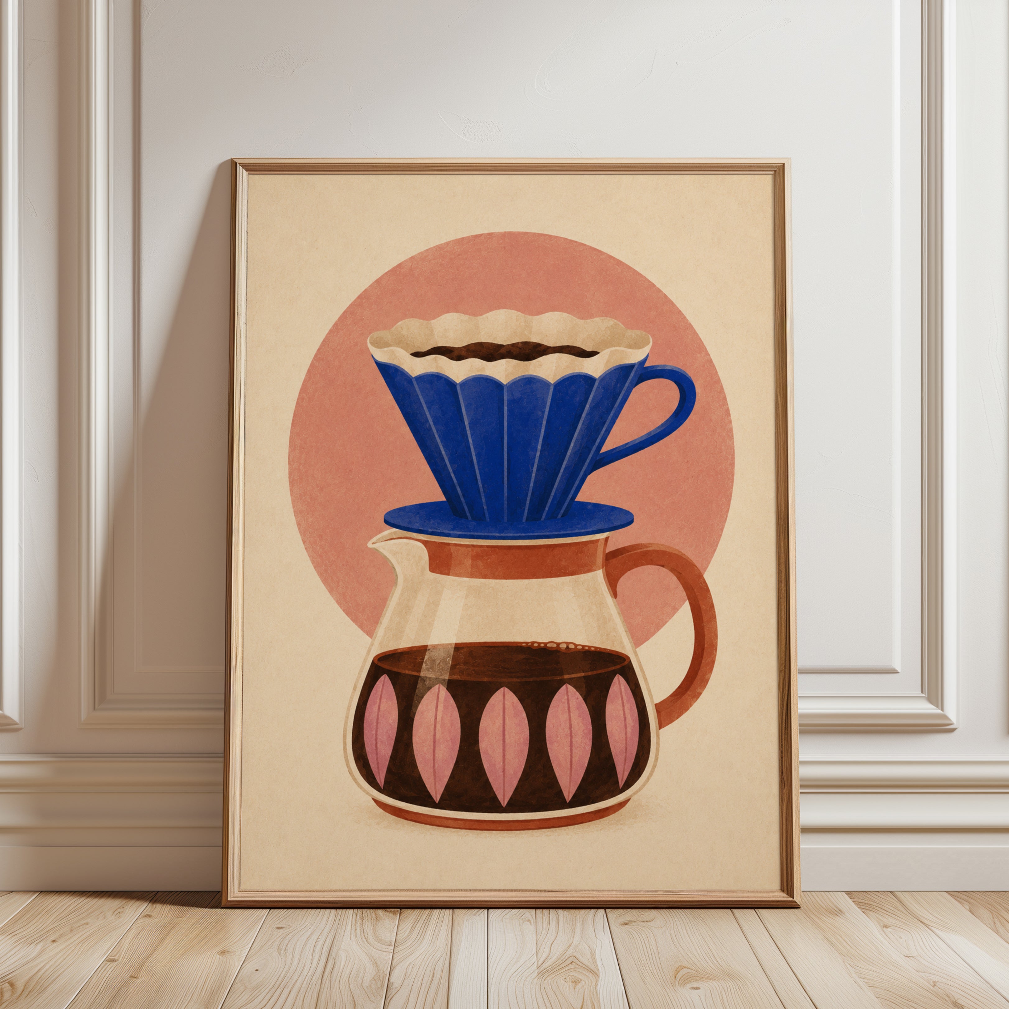 Coffee Pour Over Poster – Retro Kitchen Wall Art - framed detail