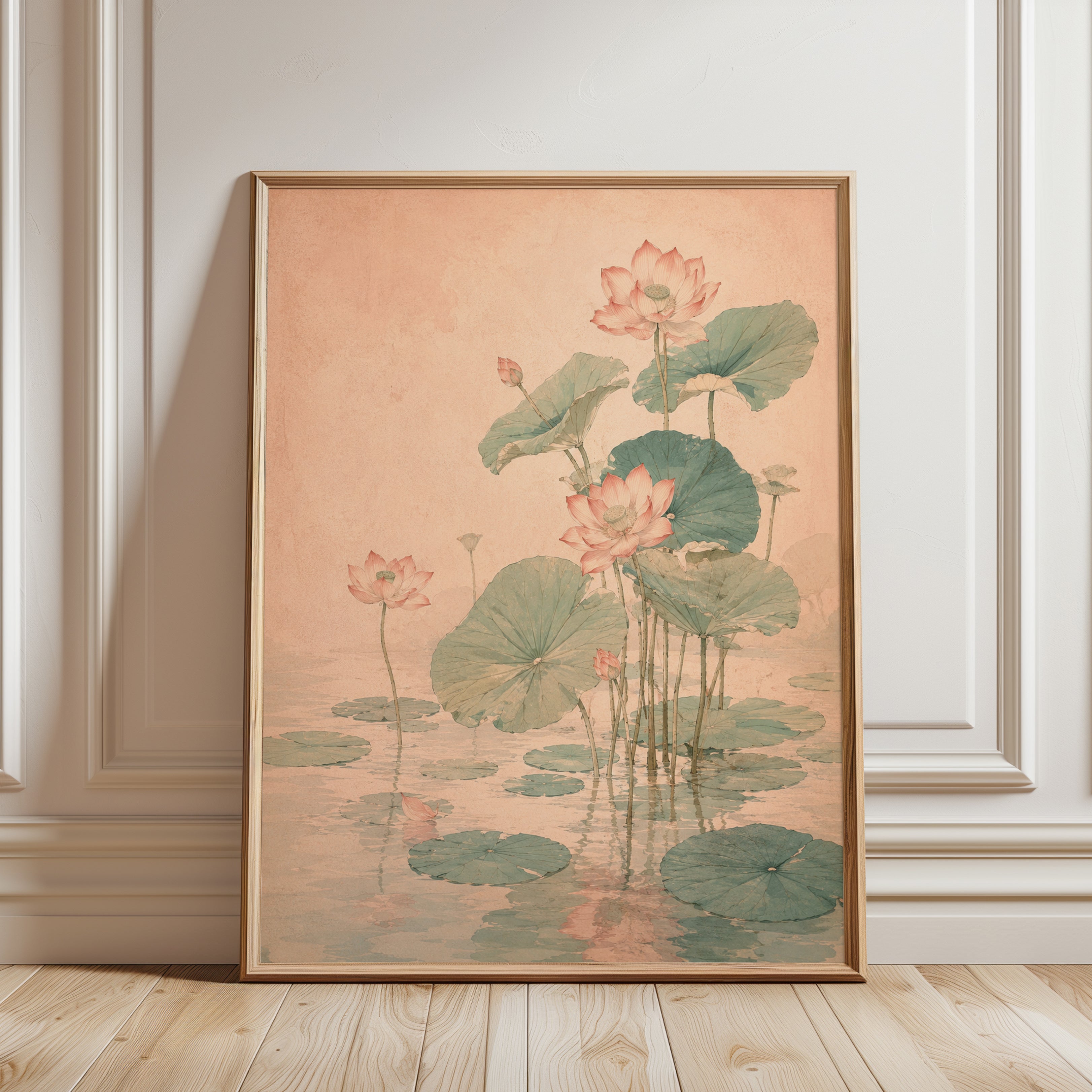 Lotus Flowers Art Print: Vintage Japanese Botanical Watercolor - framed detail