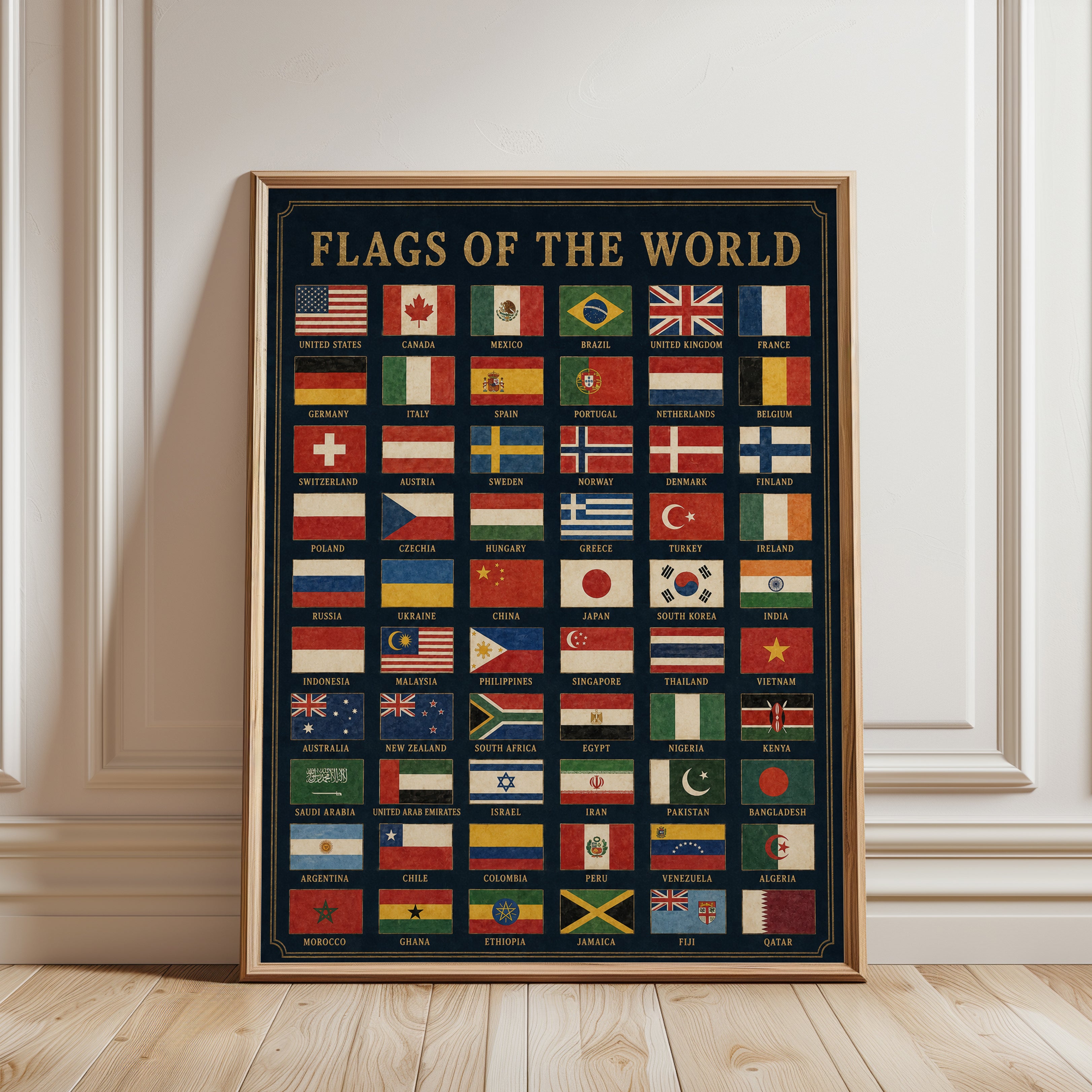 Flags of the World Poster: Vintage Educational Chart Wall Art - framed detail