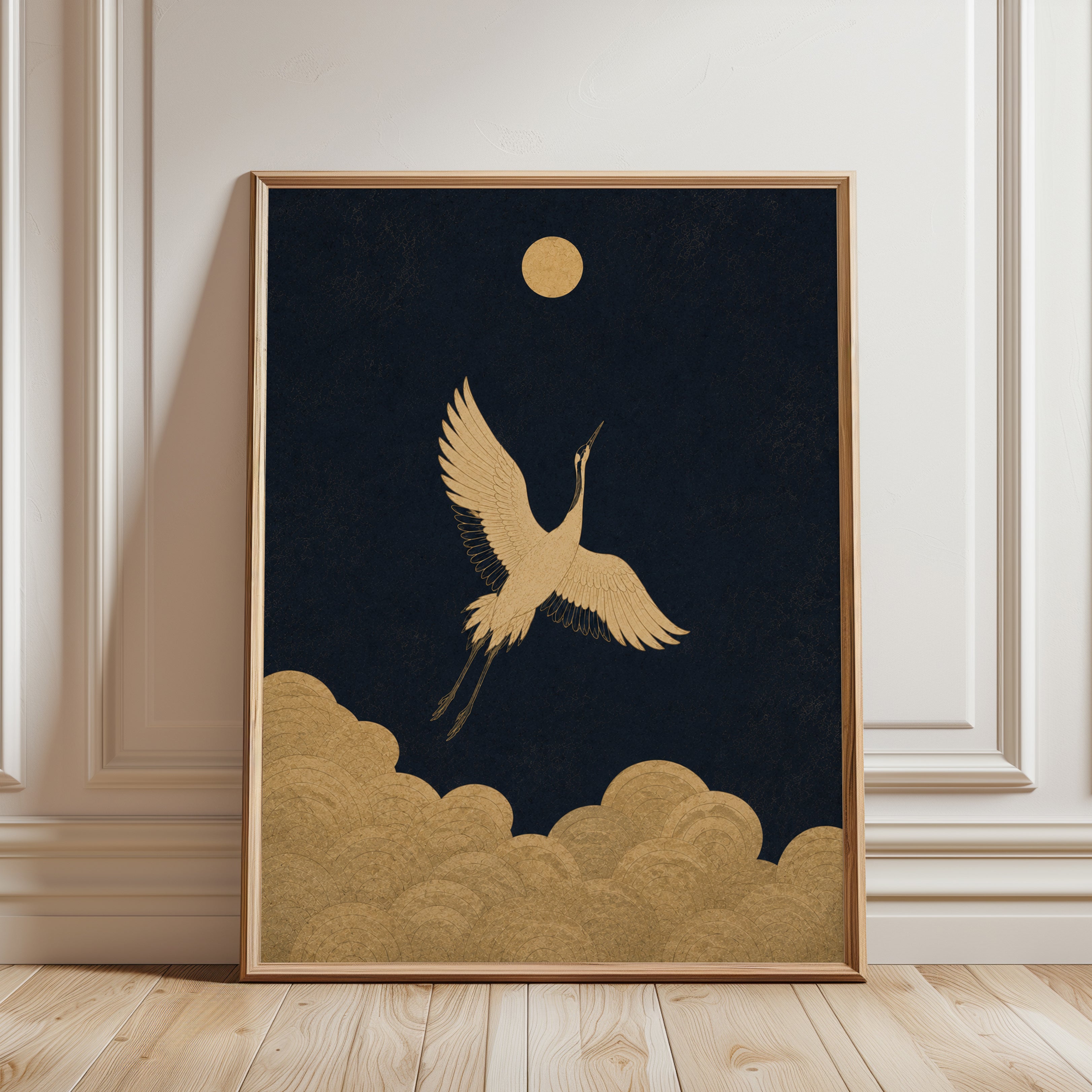 Crane Wall Art: Japanese Inspired Gold and Navy - framed detail