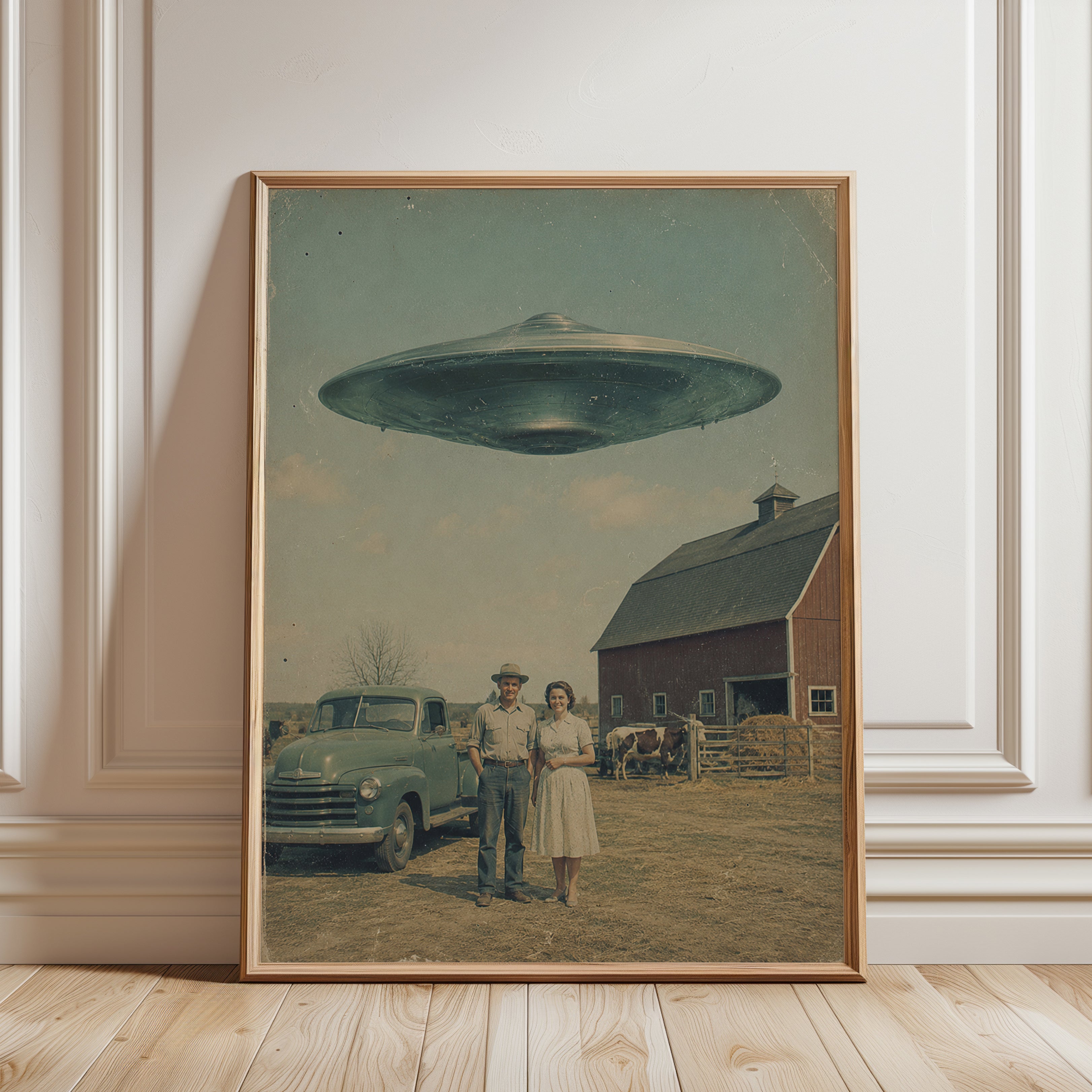 Retro UFO Farm Print — Vintage Sci-Fi Americana - framed detail