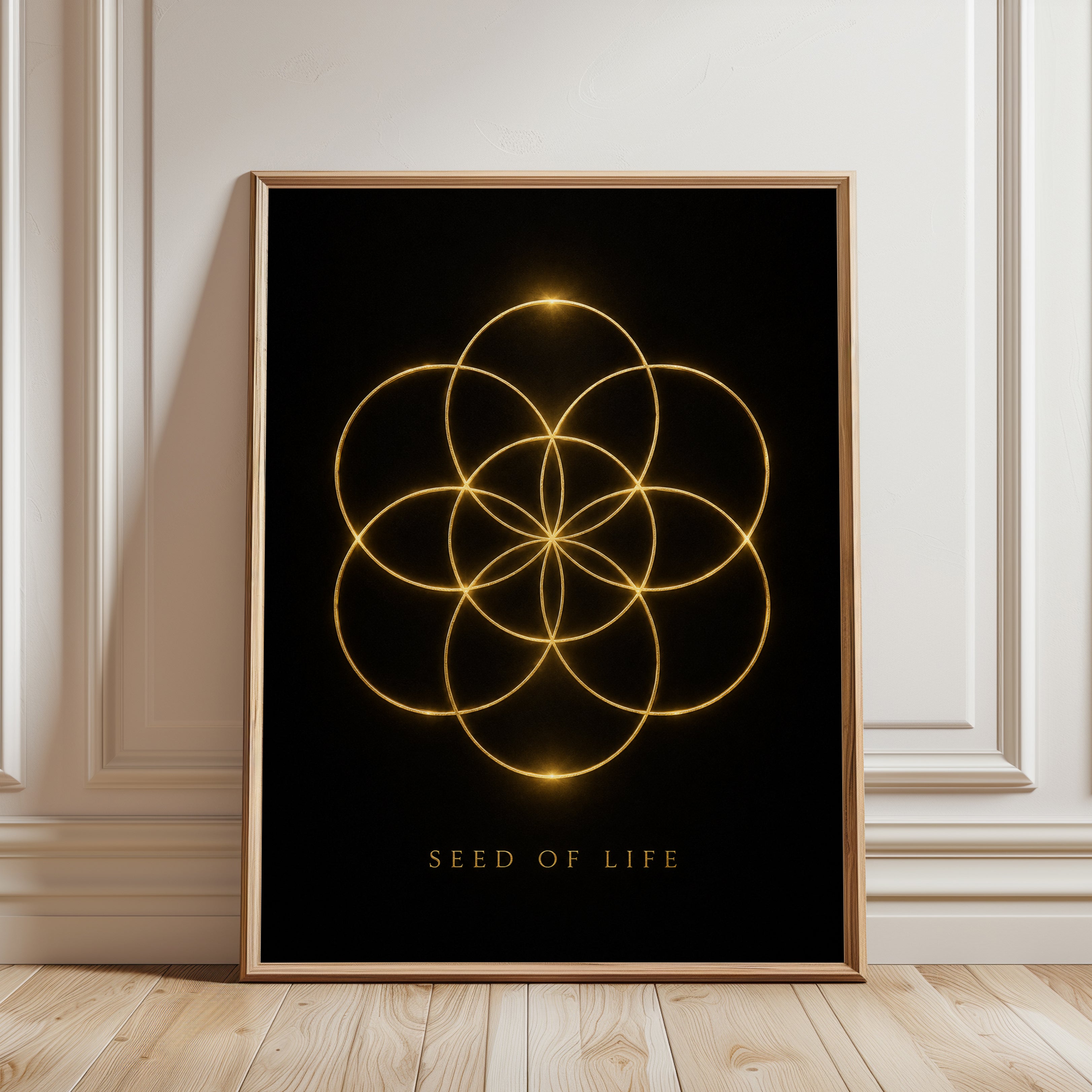 Flower of Life Print: Spiritual Wall Art (Gold on Black) - framed detail