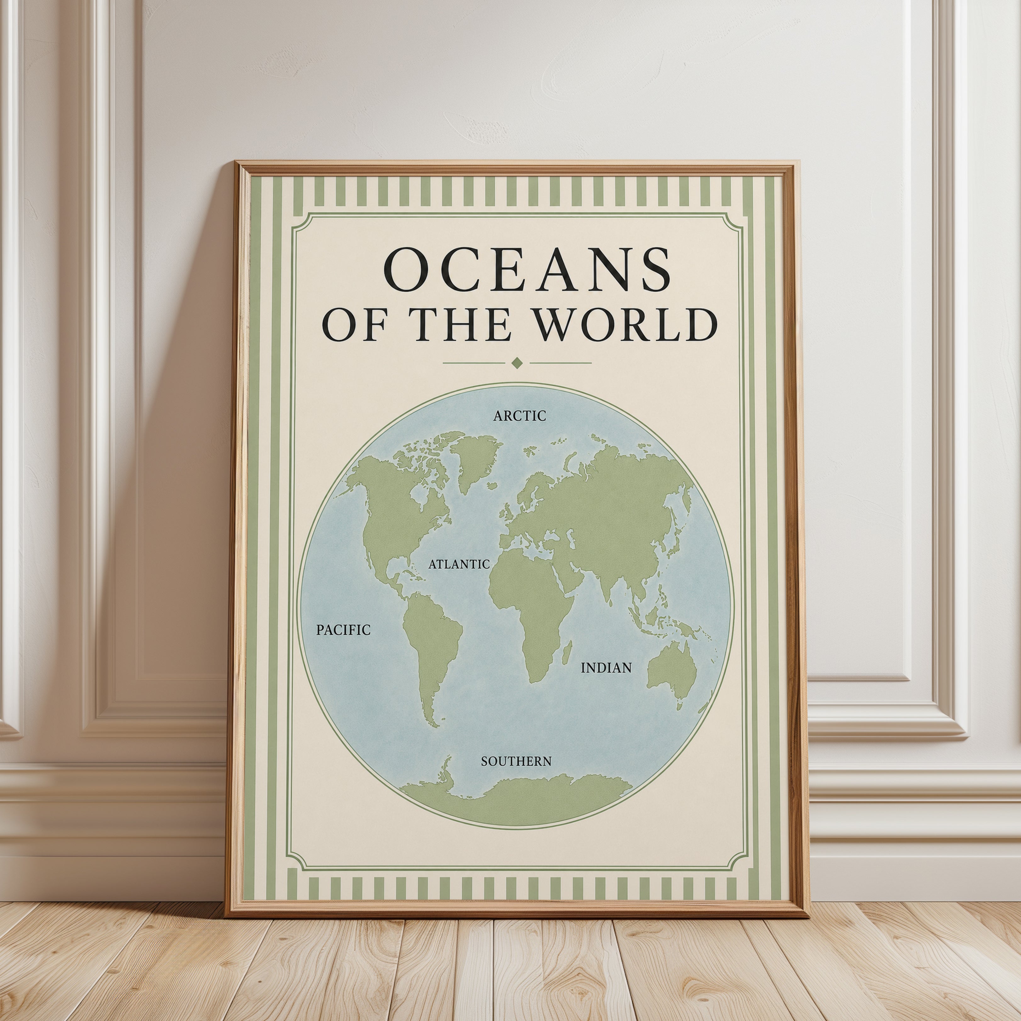 World Map Wall Art – Oceans of the World Print - framed detail