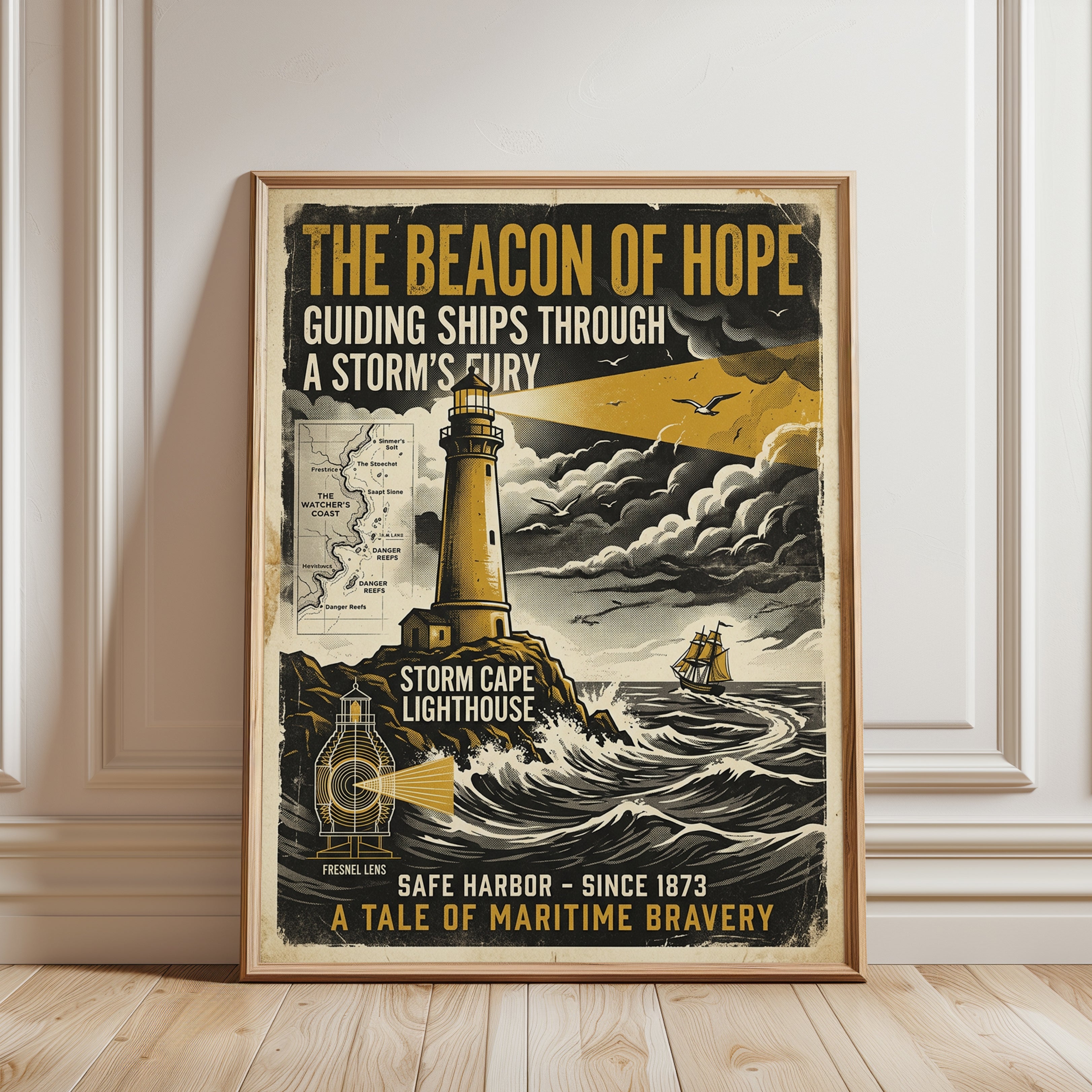 Vintage Lighthouse Storm Poster: Retro Maritime Navigation Art - framed detail