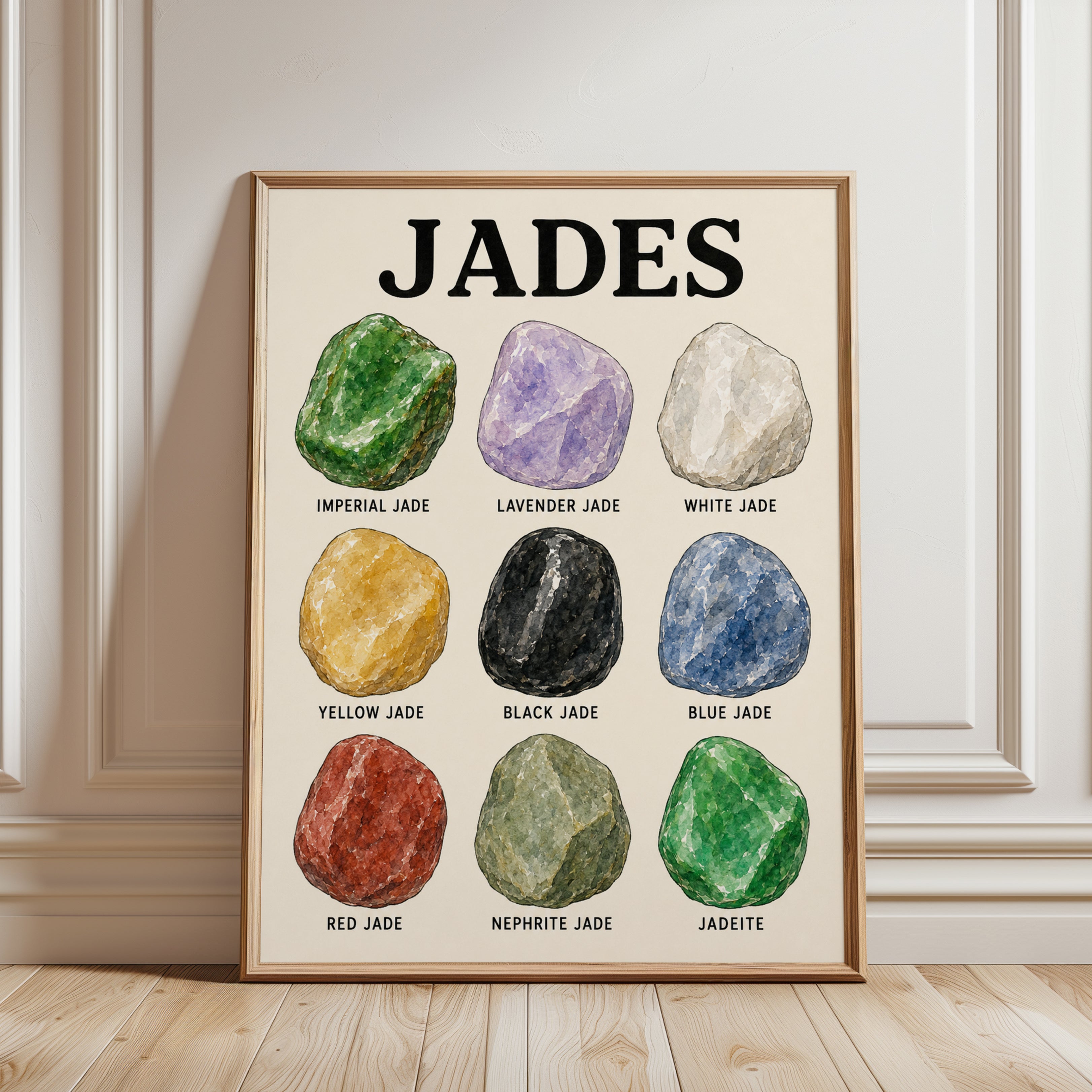Jade Gemstone Chart Poster: Watercolor Crystal Collection Print - framed detail