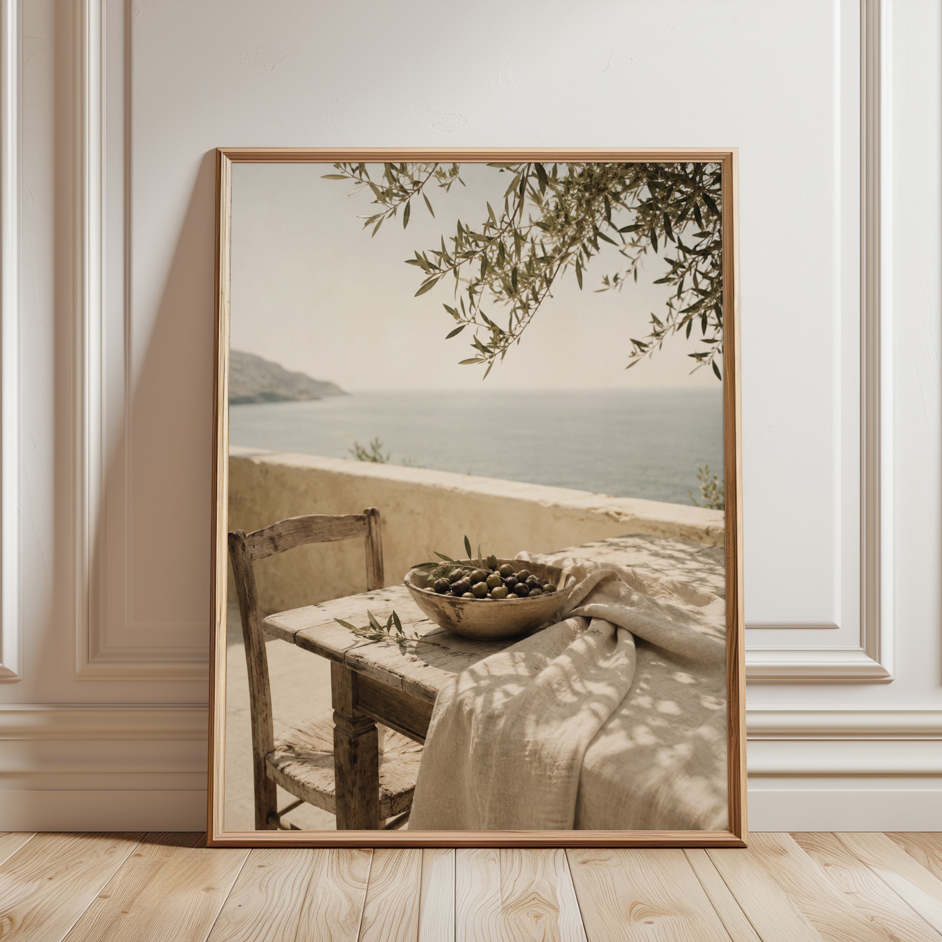 Mediterranean Olive Terrace Print: Vintage Sepia Coastal Wall Art - framed detail