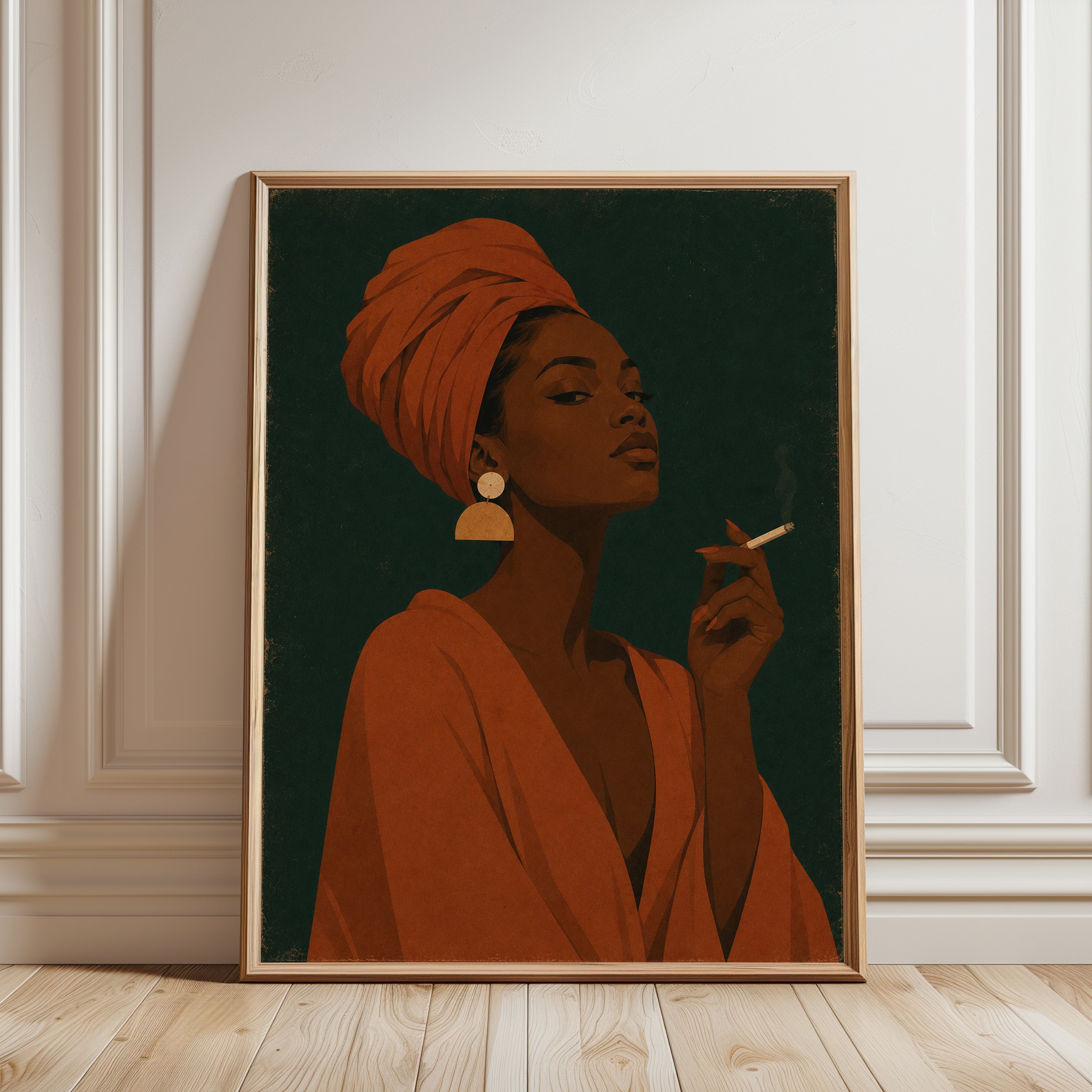 Orange Headwrap Portrait: Vintage Modernist African American Art - framed detail