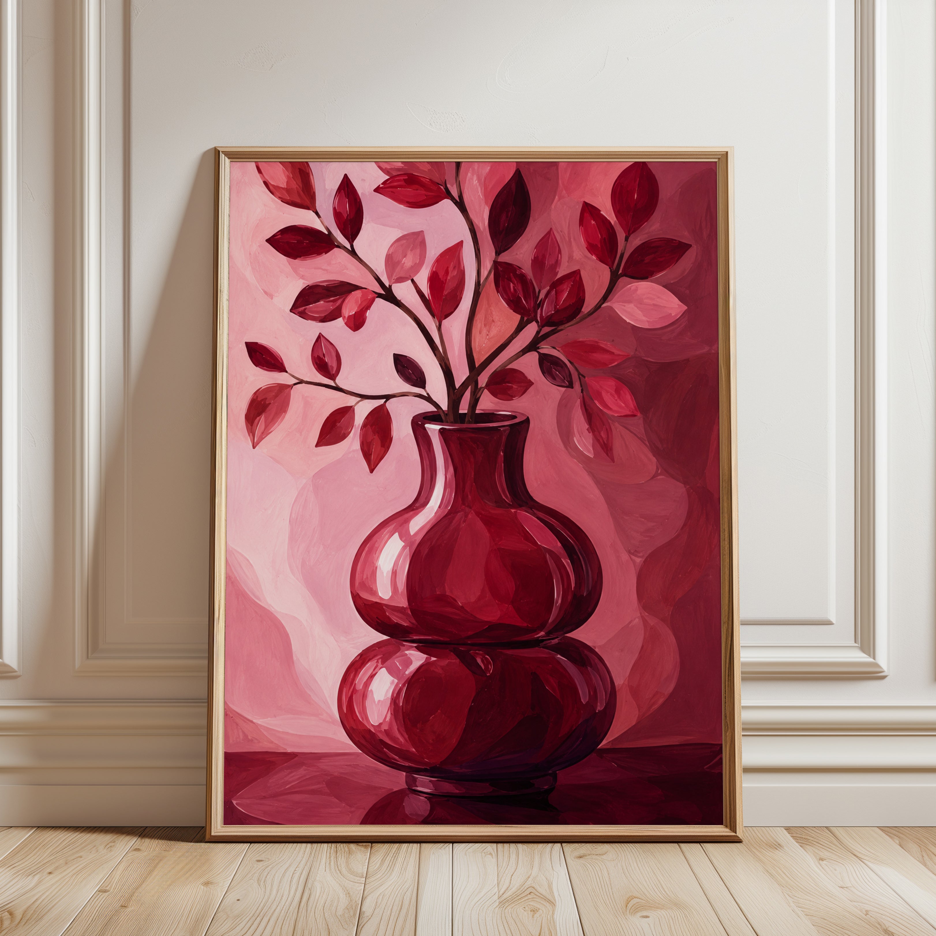 Red Botanical Vase Wall Art: Monochromatic Pink Still Life - framed detail