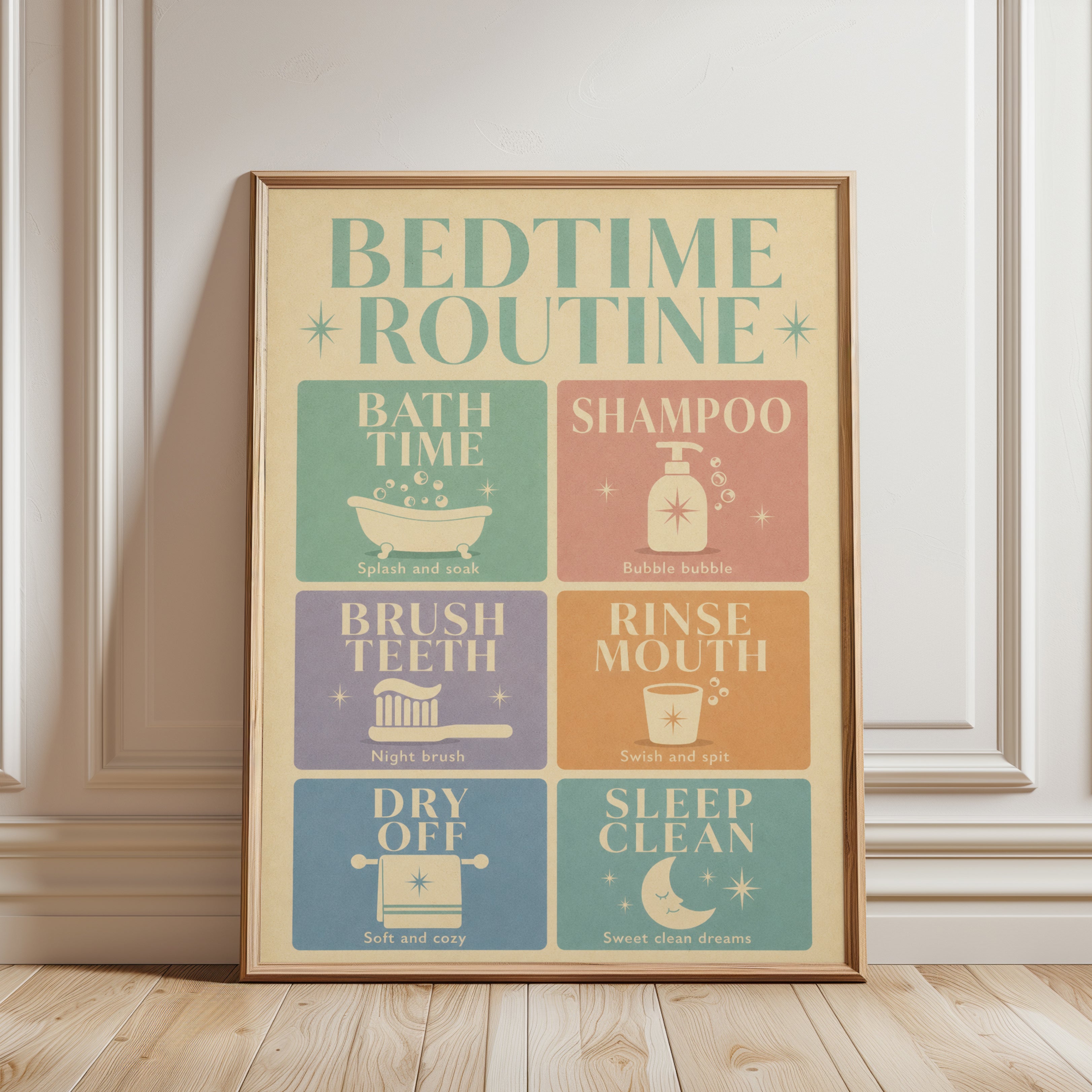 Bedtime Routine Chart: Retro Kids Wall Art (Educational Poster) - framed detail