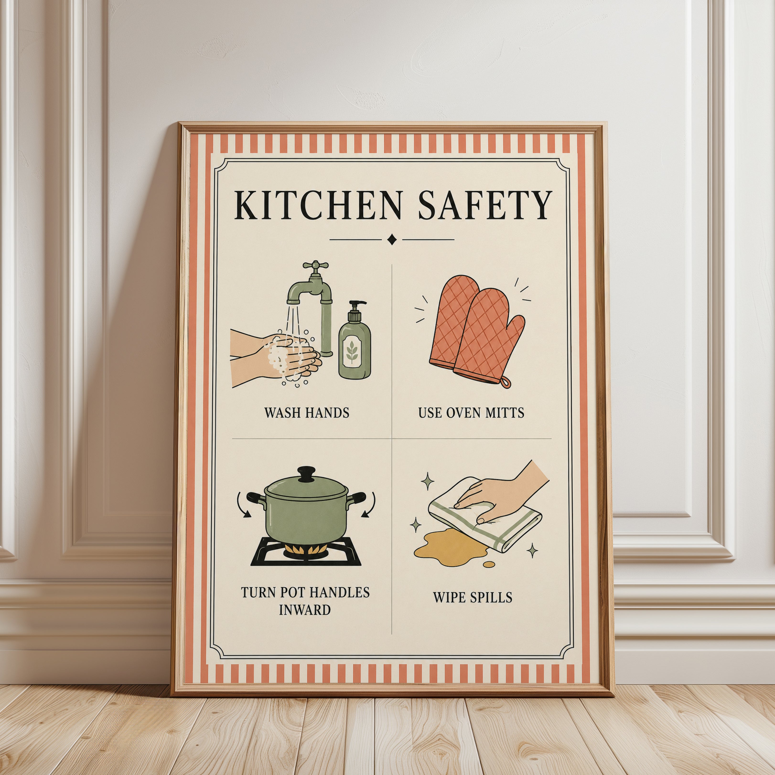 Kitchen Safety Poster: Vintage Instructional Wall Art - framed detail