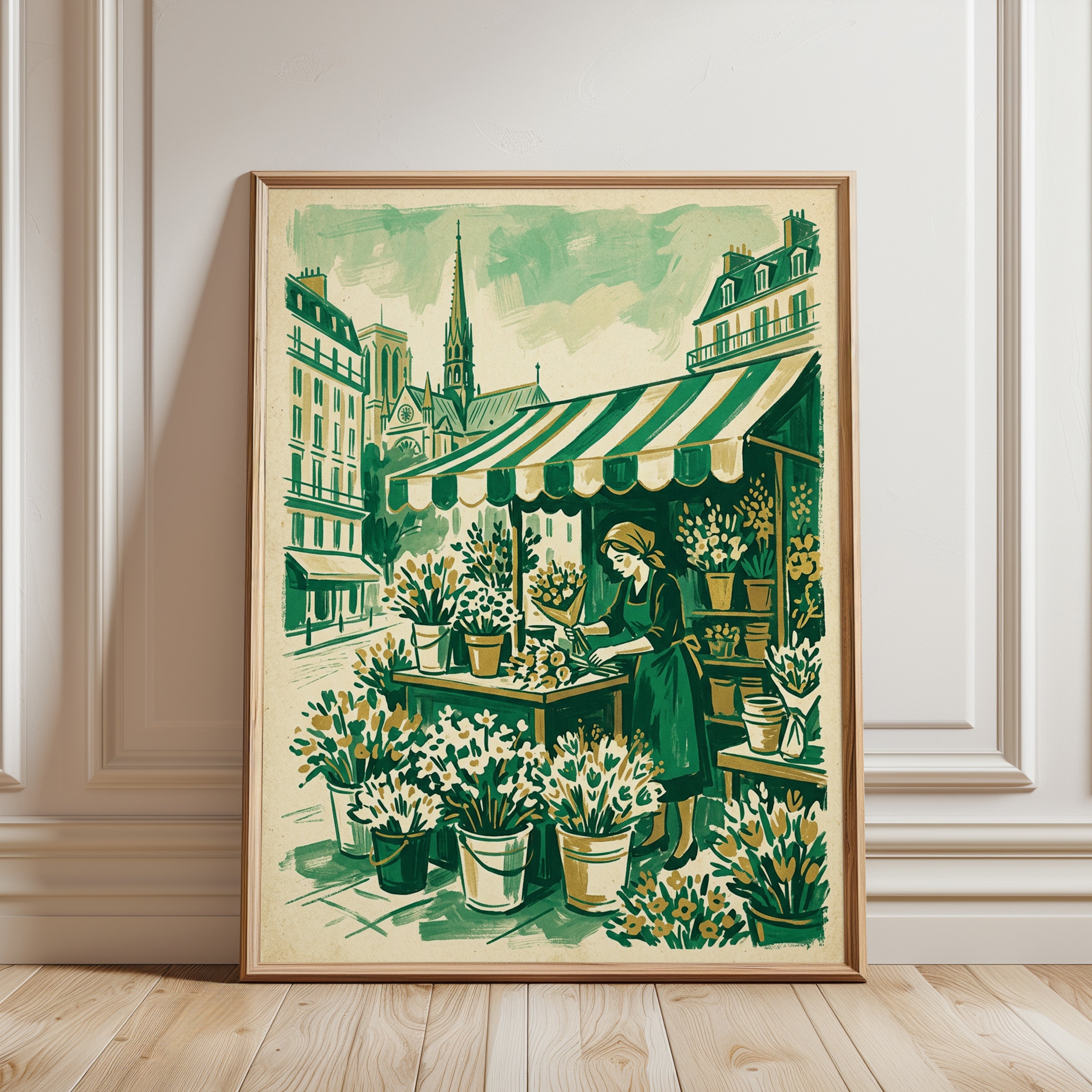 Paris Flower Shop Art Print: Vintage Green Botanical Illustration - framed detail