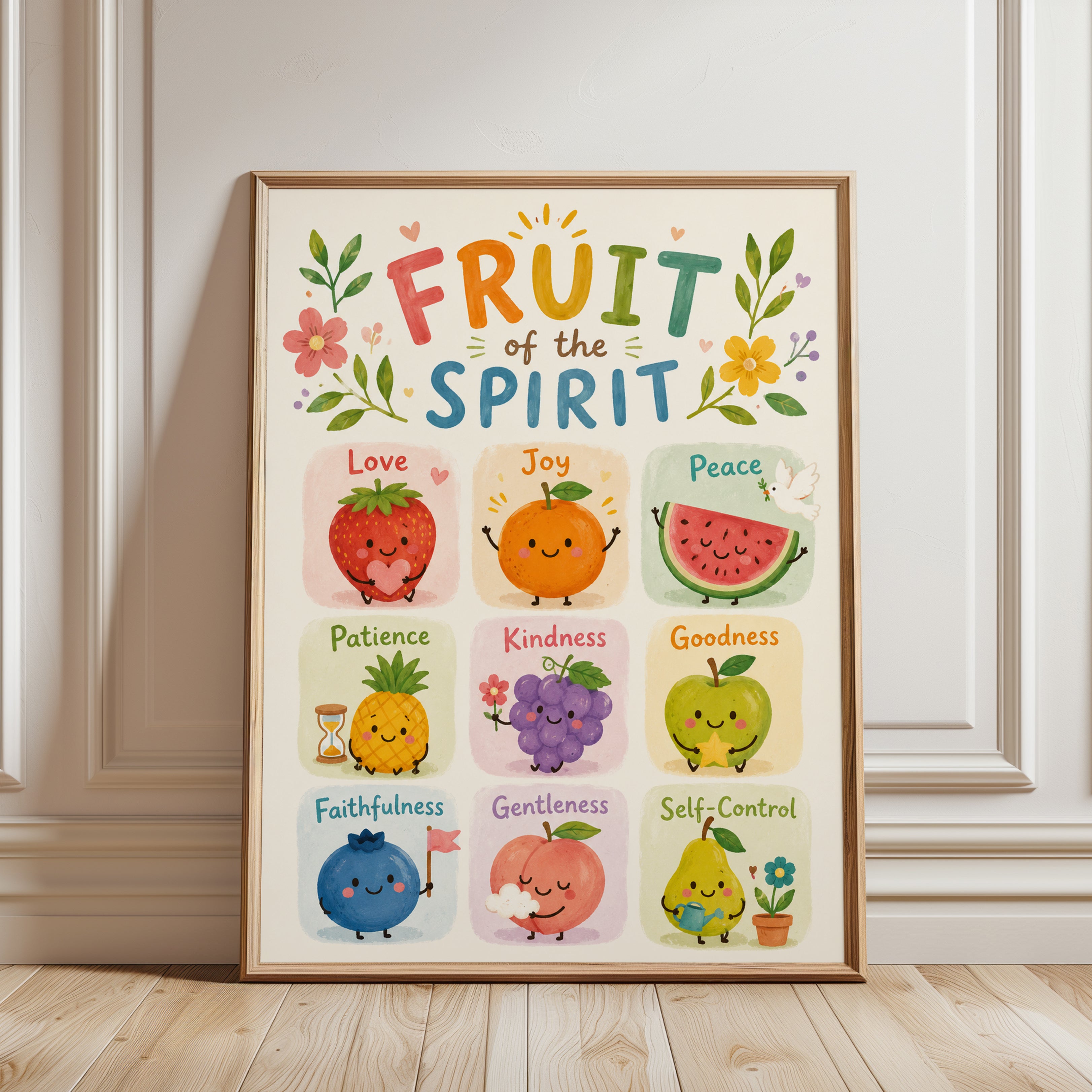 Fruit of the Spirit Wall Art: Kawaii Character Illustration - framed detail