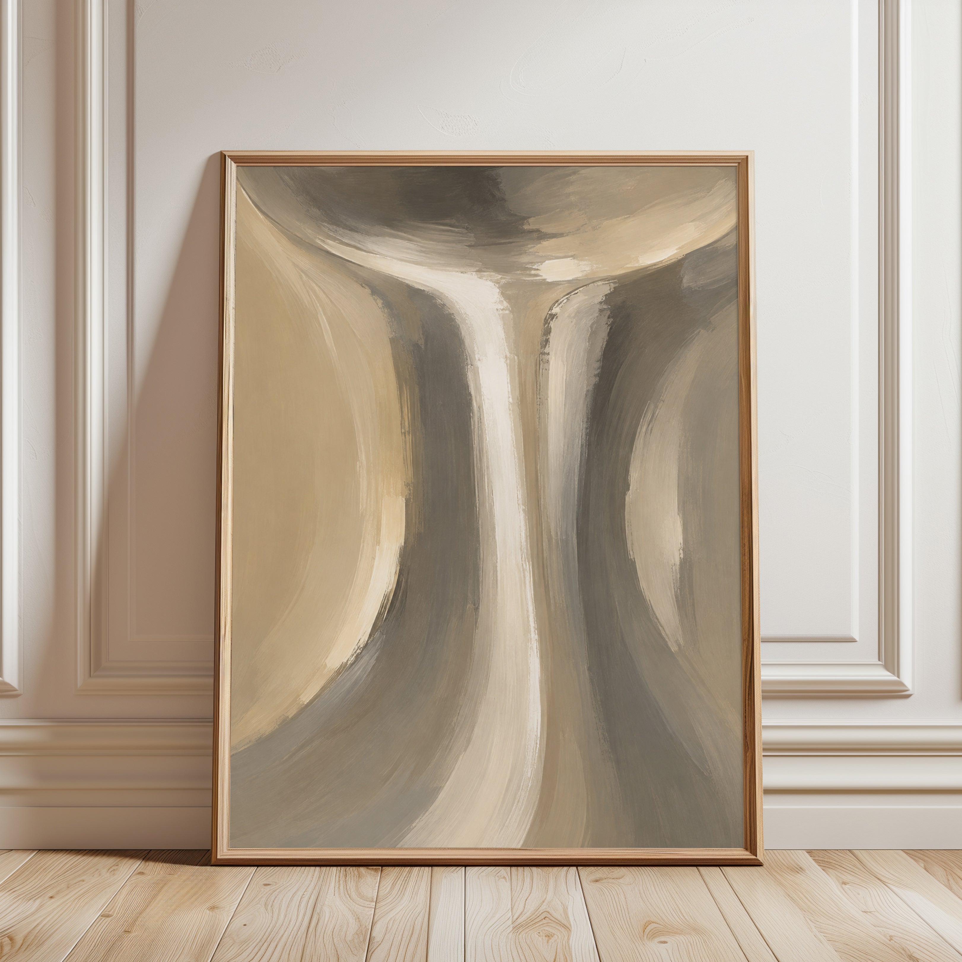 Abstract Flowing Curves Wall Art: Neutral Beige and Gray Brushstrokes - framed detail