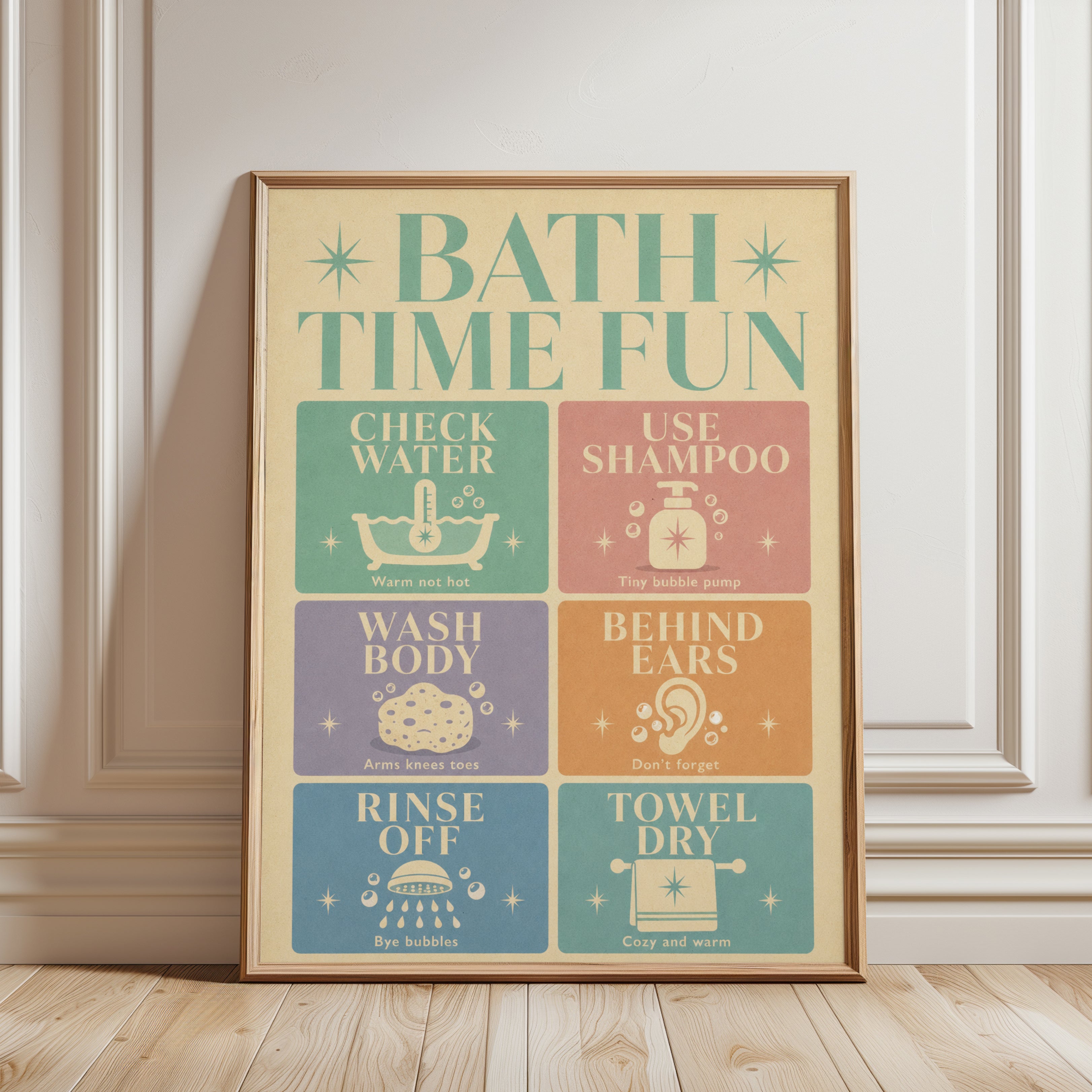 Bath Time Fun Print: Retro Kids Bathroom Guide (Nursery Wall Art) - framed detail