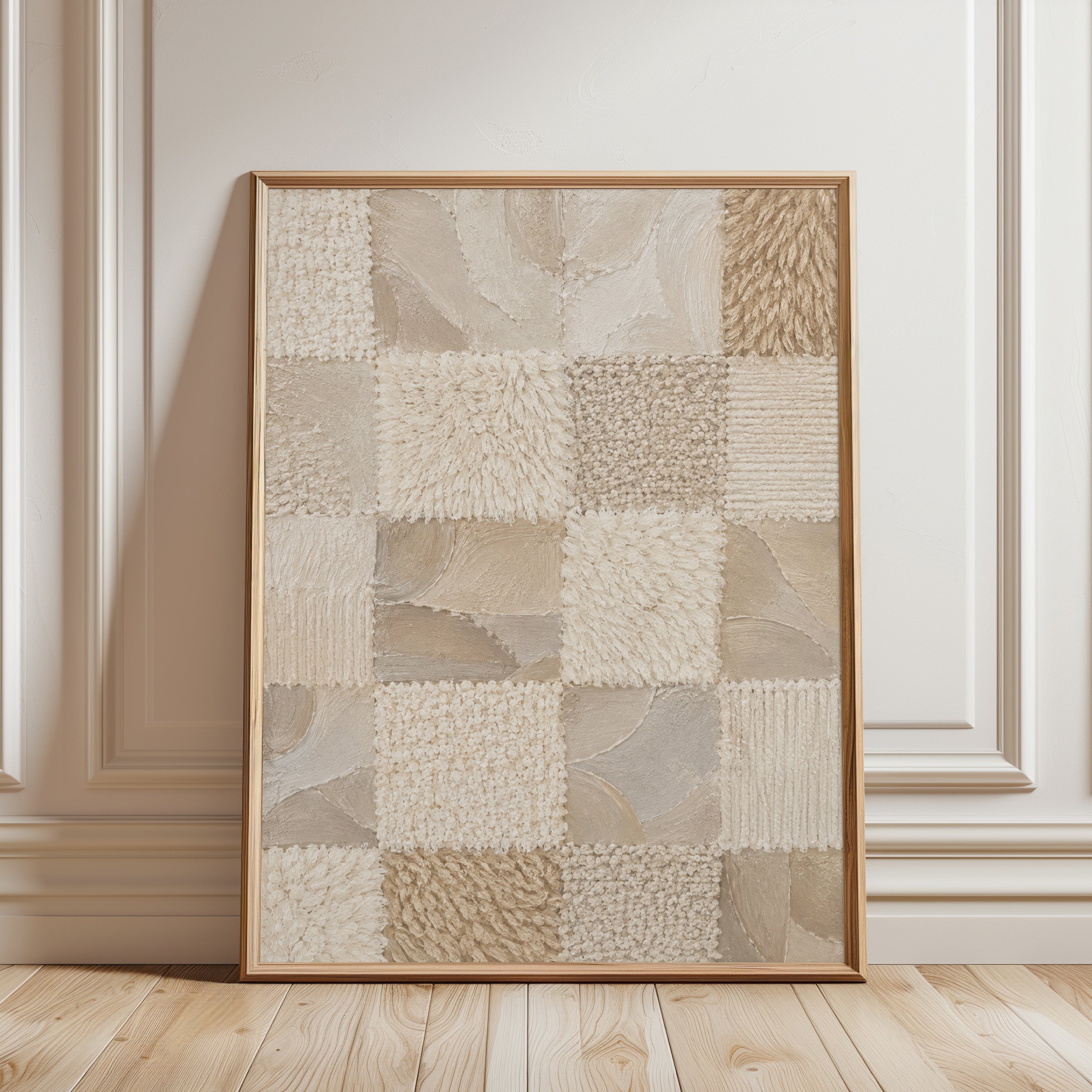 Textured Beige Patchwork Wall Art: Abstract Fiber Collage - framed detail