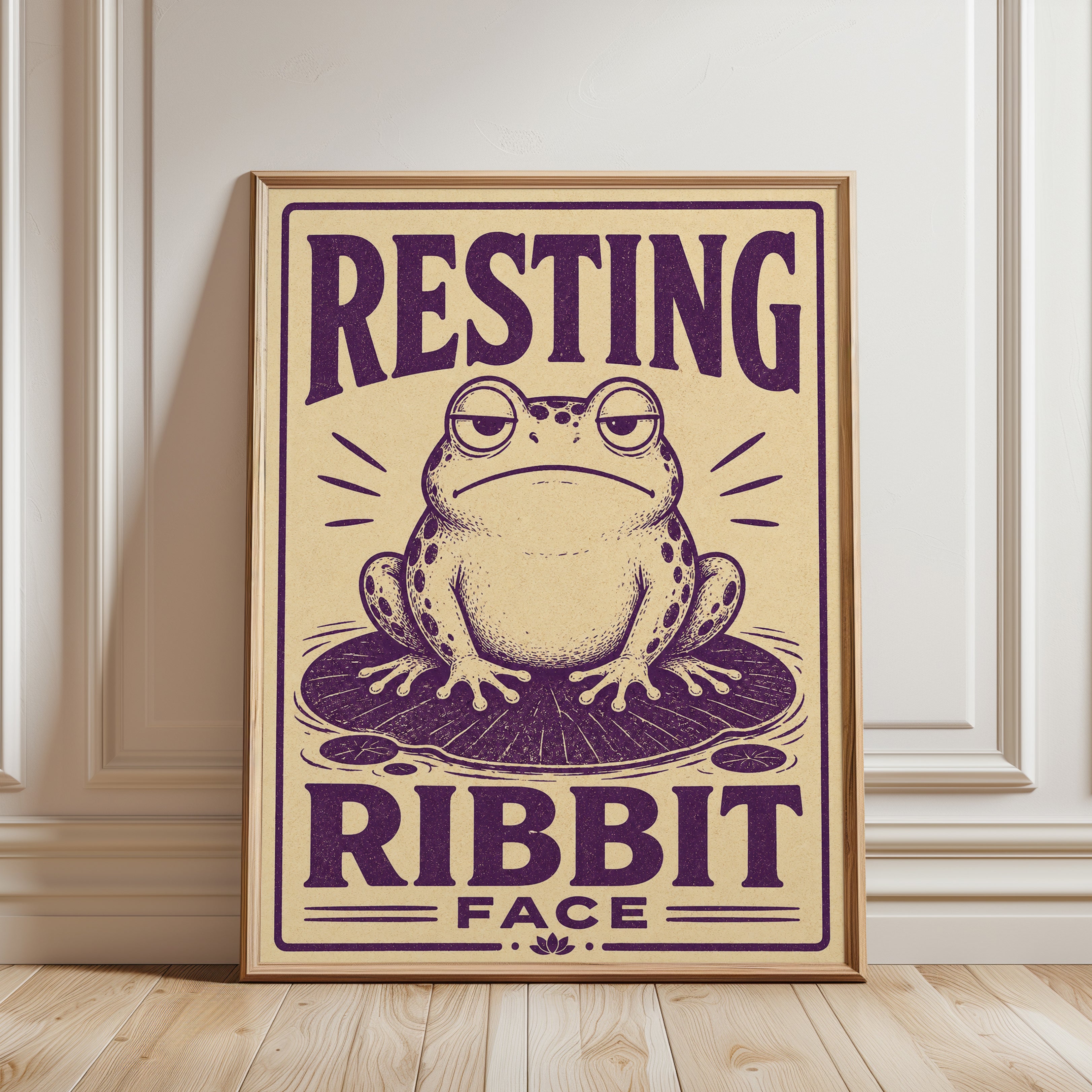 Resting Ribbit Face Poster: Vintage Frog Art - framed detail