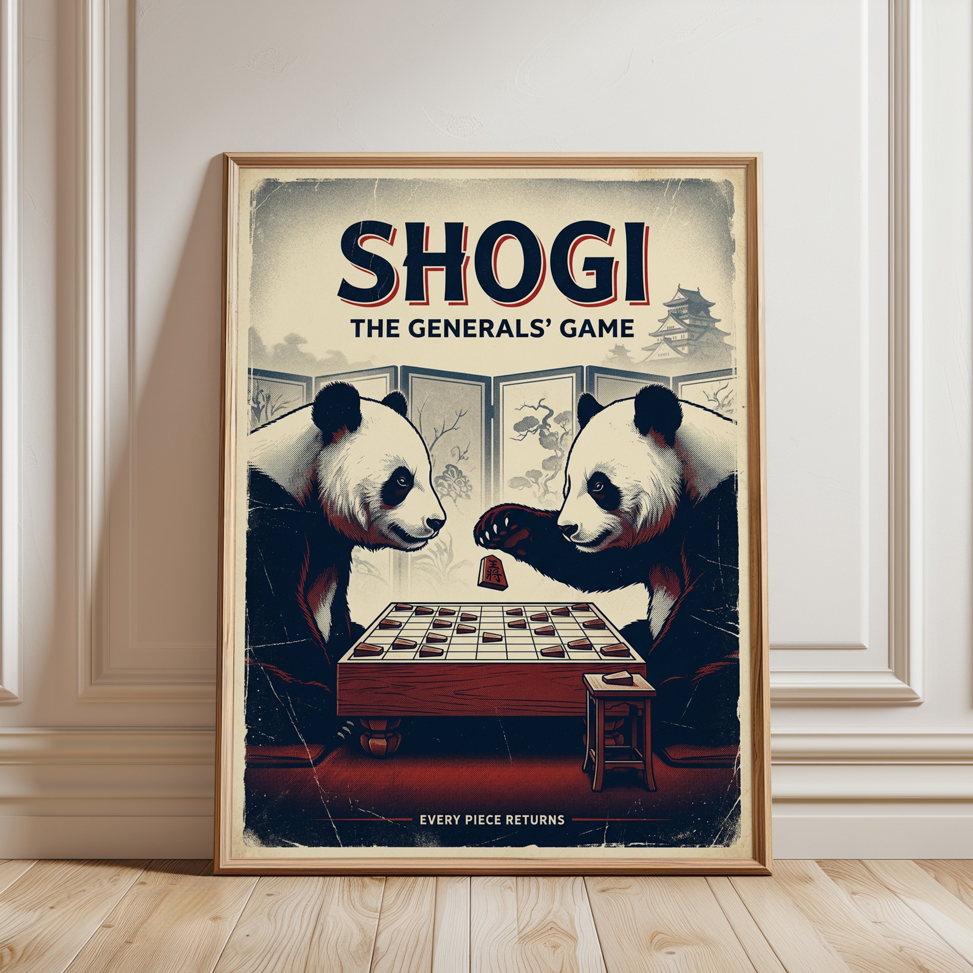 Shogi Panda Game Print — Vintage Japanese Style - framed detail
