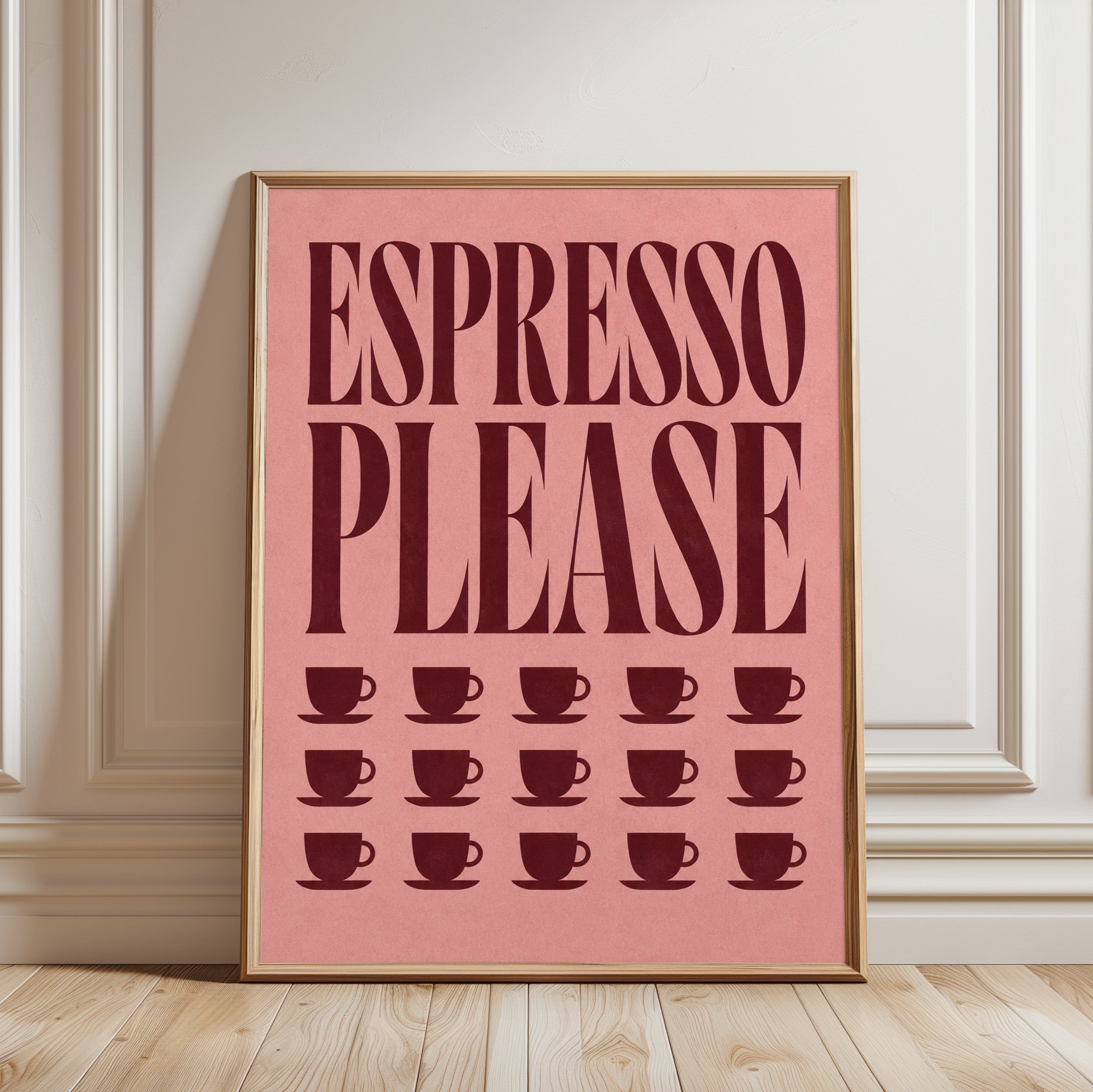 Espresso Please Print: Mid-Century Coffee Art (Pink & Red) - framed detail