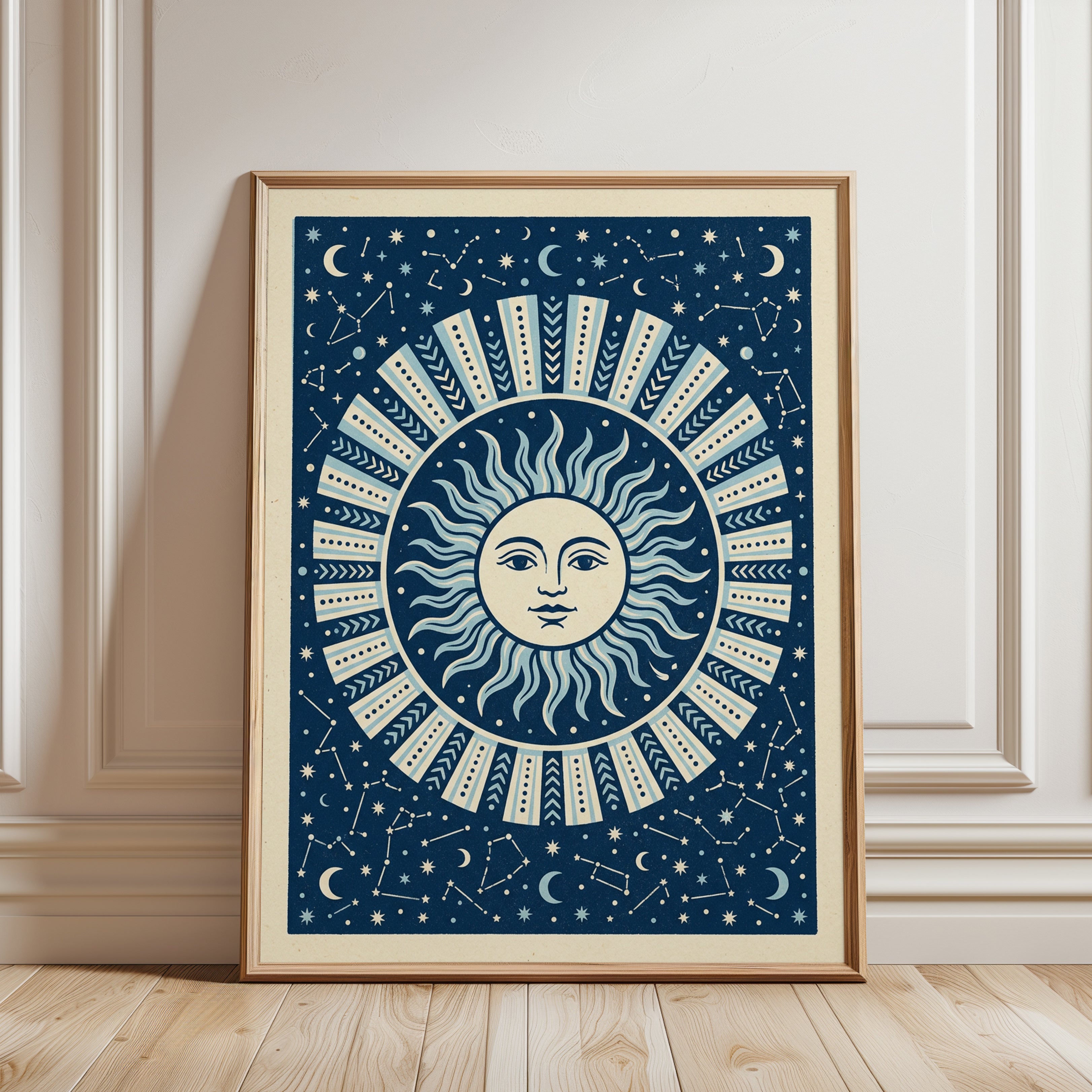 Celestial Sun Face Art Print: Blue Folk Pattern with Stars - framed detail