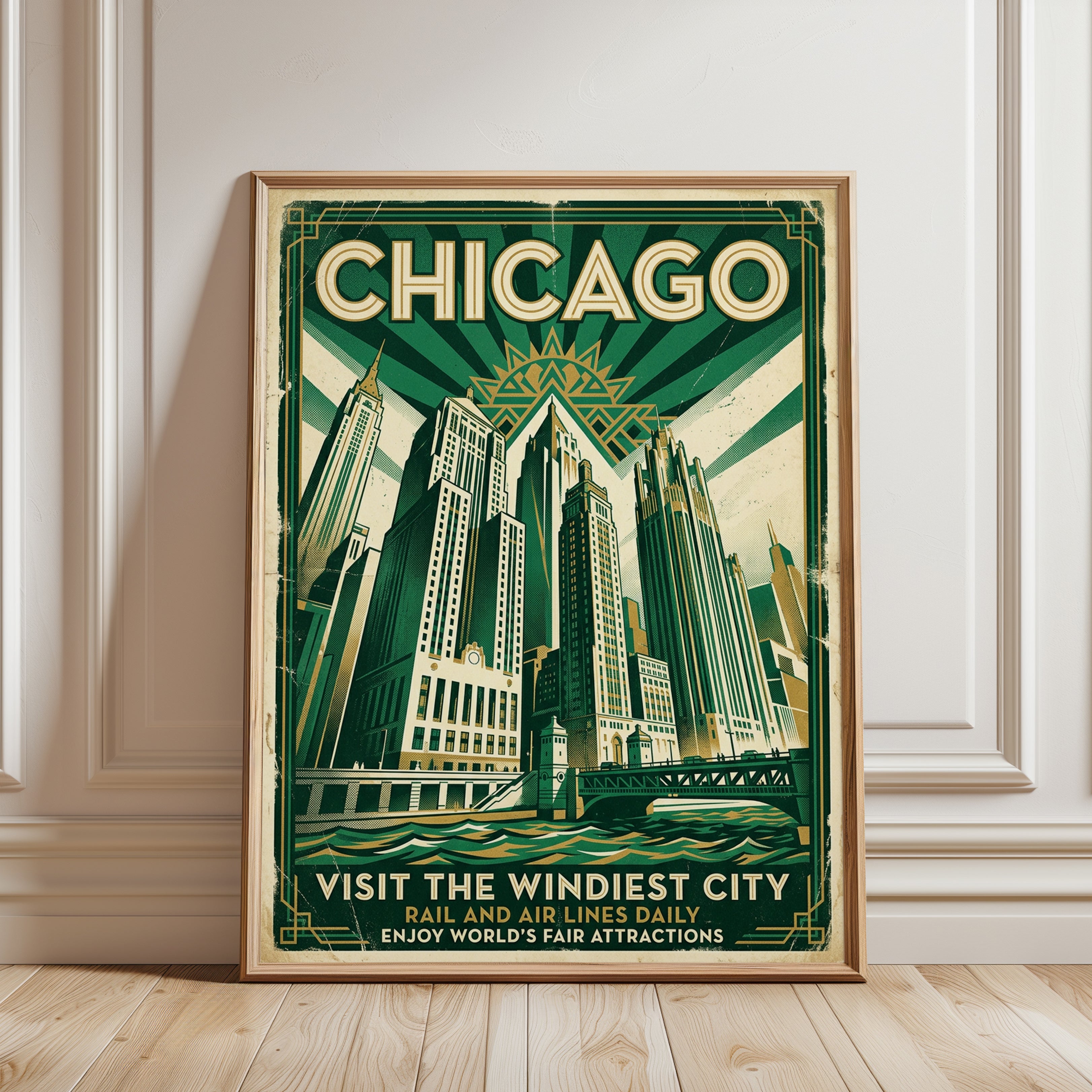 Chicago Art Deco Travel Poster — Vintage Skyline - framed detail